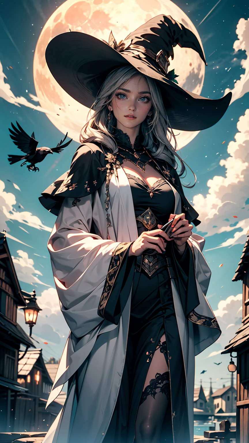 highest quality, Very detailed, masterpiece, Super detailed, cloud, witch_Have, Have, One girl, null, green_null,Day, length_hair, cloudy_null, moon,black raven, alone, Silver_hair, witch, Outdoor , full robe ,
