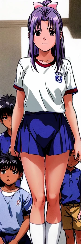 Momoko Koigakubo, a tall girl with beautiful legs, is standing with a smile on her face in a white gym uniform and light navy blue bloomers that look like panties.。Momoko Koigakubo is holding the shoulders of a boy wearing a tracksuit。
