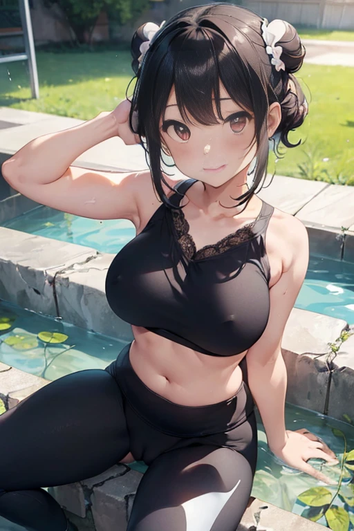masterpiece、1 female student、(((Missing arm,Bare arms,Towel wrap)))White cloth bun、Shoulder leakage、chubby、Smile、(((Lace、black yoga pants)))pale pink lips、posing at school,(Soaked),legs are open, 独奏, looking at the audience, (Thick thighs:1.0),Red eyes, Blushed,blunt hair,flower headdress,lawn,hands on hips,creek,black hair,Smile with teeth showing,short hair,garden,(((Side milk is visible,))),(((Chest visible from the side,Big breasts,Showing side chest,Exposed side chest))),clear and bright eyes,((((stand at attention,From the front)))),((View from below,((Bun cunt,Lie flat,Pussy crack:1.3)),坐In the water,躺In the water)),Mature,In the water