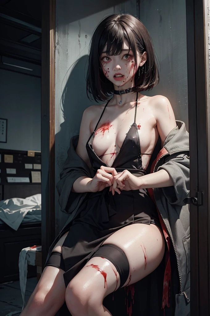 Highest quality, masterpiece, look up, cute,(Horror),(((少女の美しいzombie))),(zombie),(This girl is dead),Trying to bite,(((Bleeding,Injured))),(((Shedding tears of blood))),((口からBleeding)),((Covered in blood)),(A body covered in wounds),((zombieに身体中を噛みつかれた)),((Sexy)),(sexy),((Small breasts)),(Baby Face),(Middle school students),(((Masturbation))),((semen)),Beautiful Style,(((Lower body exposed))),((Pale skin)),(Sensual look),Sexy表情,Expressions of delight,Crazy Smile,((Ahegao)),(Dark atmosphere),(Dark atmosphere,fear),((Dim lighting))