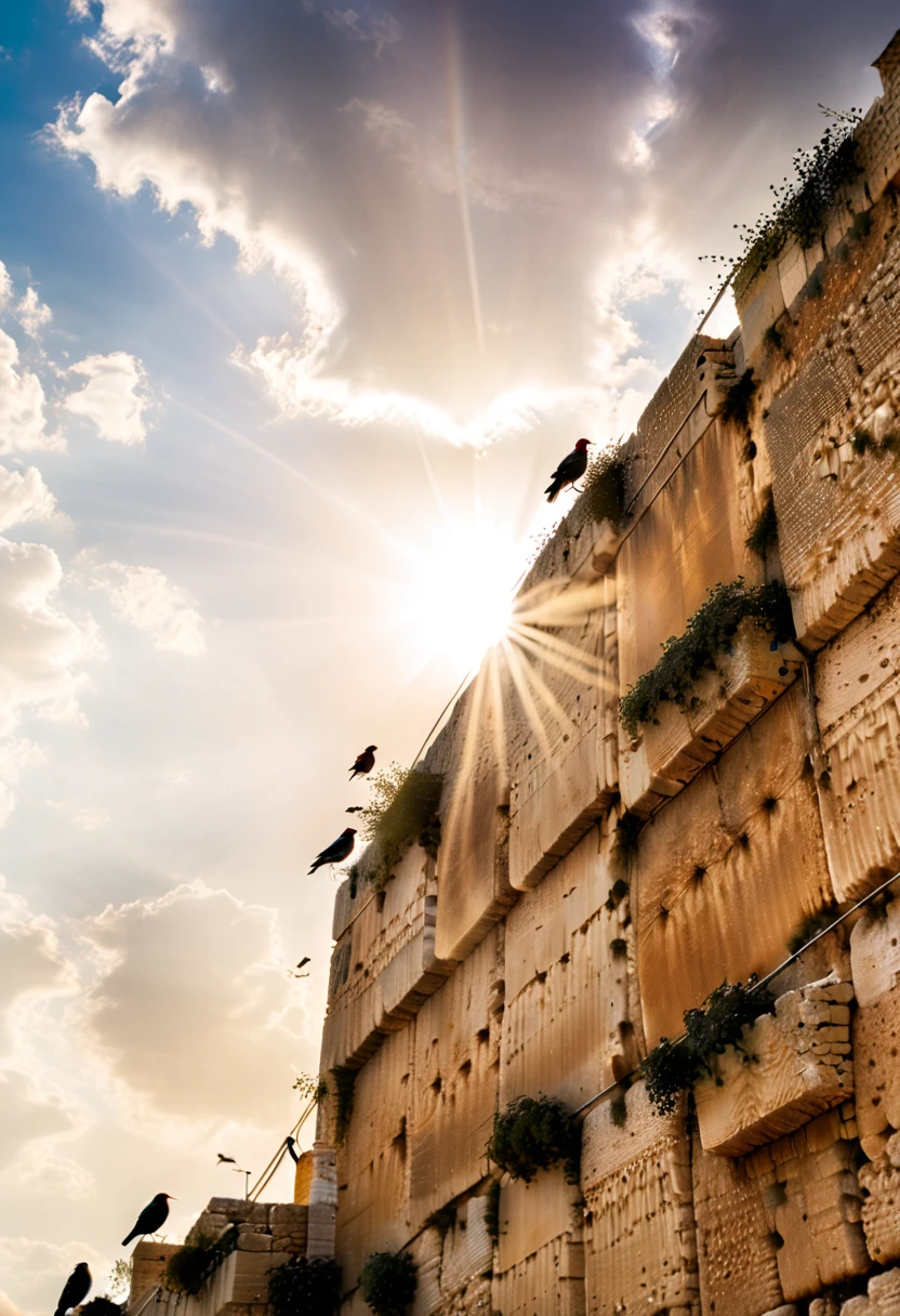 a ((low angle shot: 1.5)), from below of the Wailing Wall at Jerusalem, , you can see the Wall from below, it is evening time, there are sun rays, an some clouds some birds in the sky, vibrant, Ultra-high resolution, High Contrast, (masterpiece:1.5), highest quality, Best aesthetics), best details, best quality, highres, 16k, (ultra detailed: 1.5), masterpiece, best quality, (extremely detailed) RAW, (ultra details, Masterpiece, best quality),