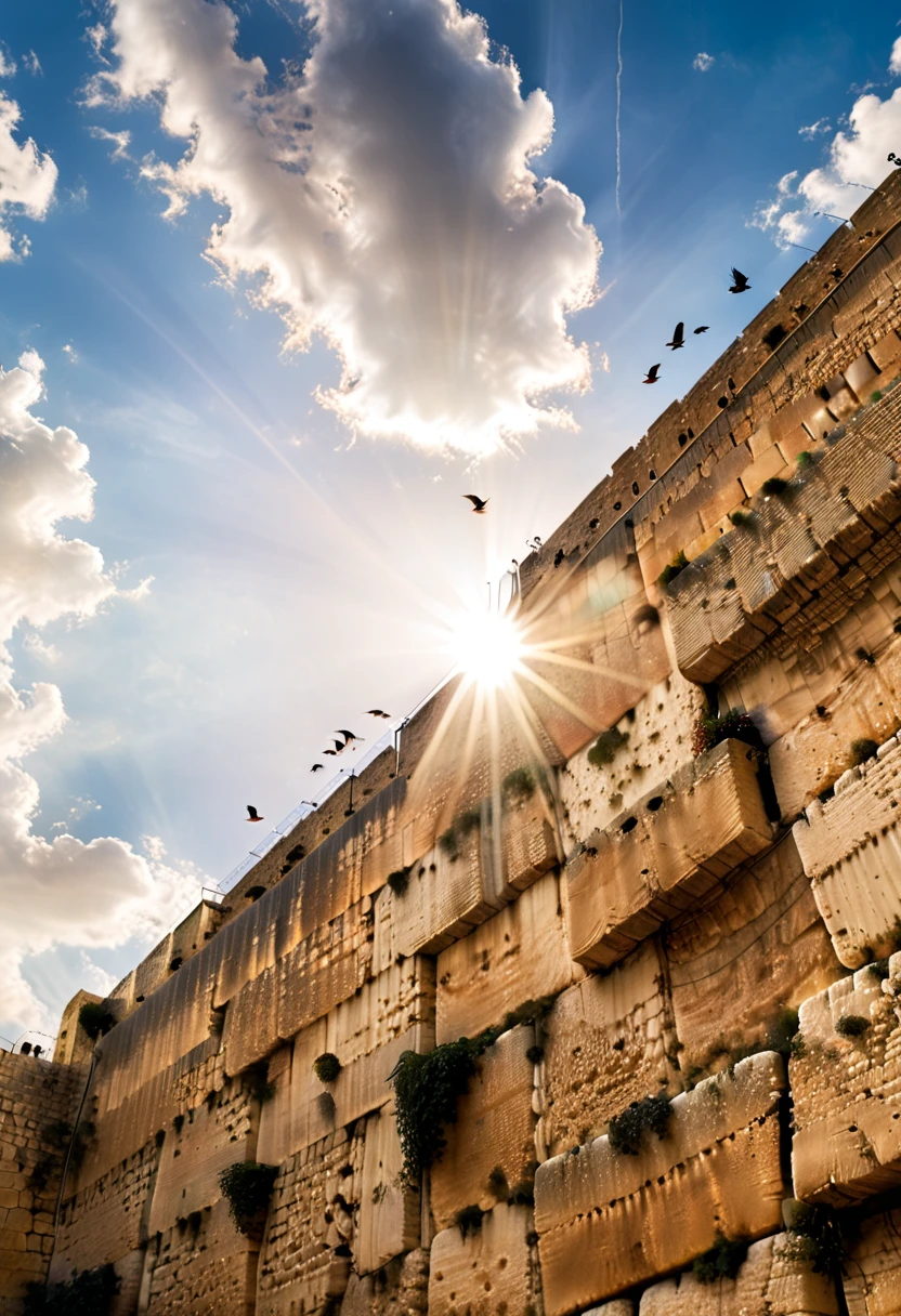 a ((low angle shot: 1.5)), from below of the Wailing Wall at Jerusalem, , you can see the Wall from below, it is evening time, there are sun rays, an some clouds some birds in the sky, vibrant, Ultra-high resolution, High Contrast, (masterpiece:1.5), highest quality, Best aesthetics), best details, best quality, highres, 16k, (ultra detailed: 1.5), masterpiece, best quality, (extremely detailed) RAW, (ultra details, Masterpiece, best quality),