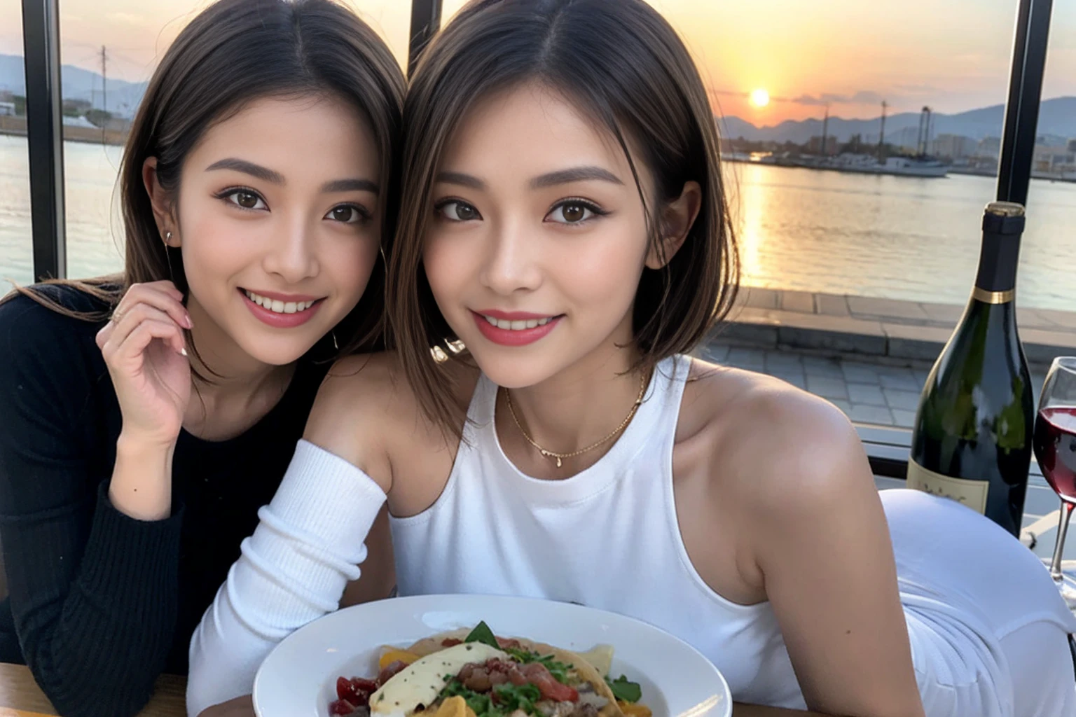（Realistic:1.1）,(masterpiece,Highest quality)，8k,(49 years old), 53 years old, ベリーslimボディ、slimカップル、Tight waist,Upper Body,full-course dinner、wine 、Amazing view of the sunset sky and clouds、Perfect Anatomy, Brown Hair, short hair,Random Hairstyles,((Highly detailed face and eyes:1.2))，Perfect golden ratio face，Long sleeve shirt、dress,(smile:1.2)、Shortcuts、cute、(Realistic, Intricate details:1.2), A bright smile、short hair,Bright Face、赤wine 、Appetizers、Italian food、wine bottle、Champagne、スパークリングwine、(slimな顔), (The body is slim), (Brown Hair), (Shortcuts),  Upper Body, 白wine, slim, wineグラス, 