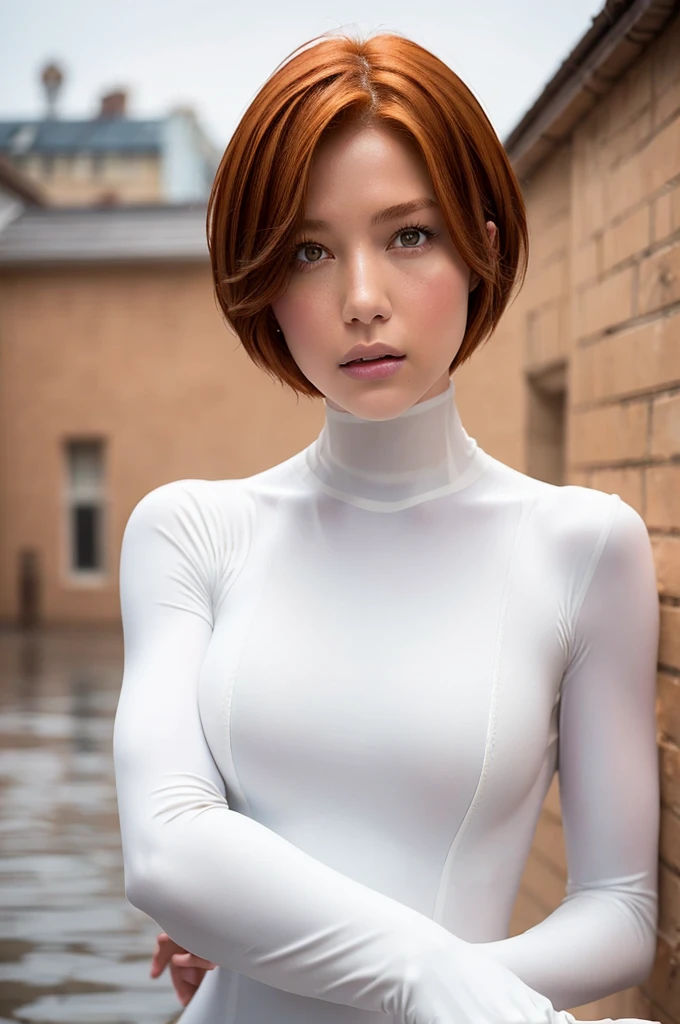 18 yo girl, white spider man suit, short blunt hair, blonde, beautiful face, rain, roof, masterpiece, intricate detail, perfect anatomy, redhead, photo realistic