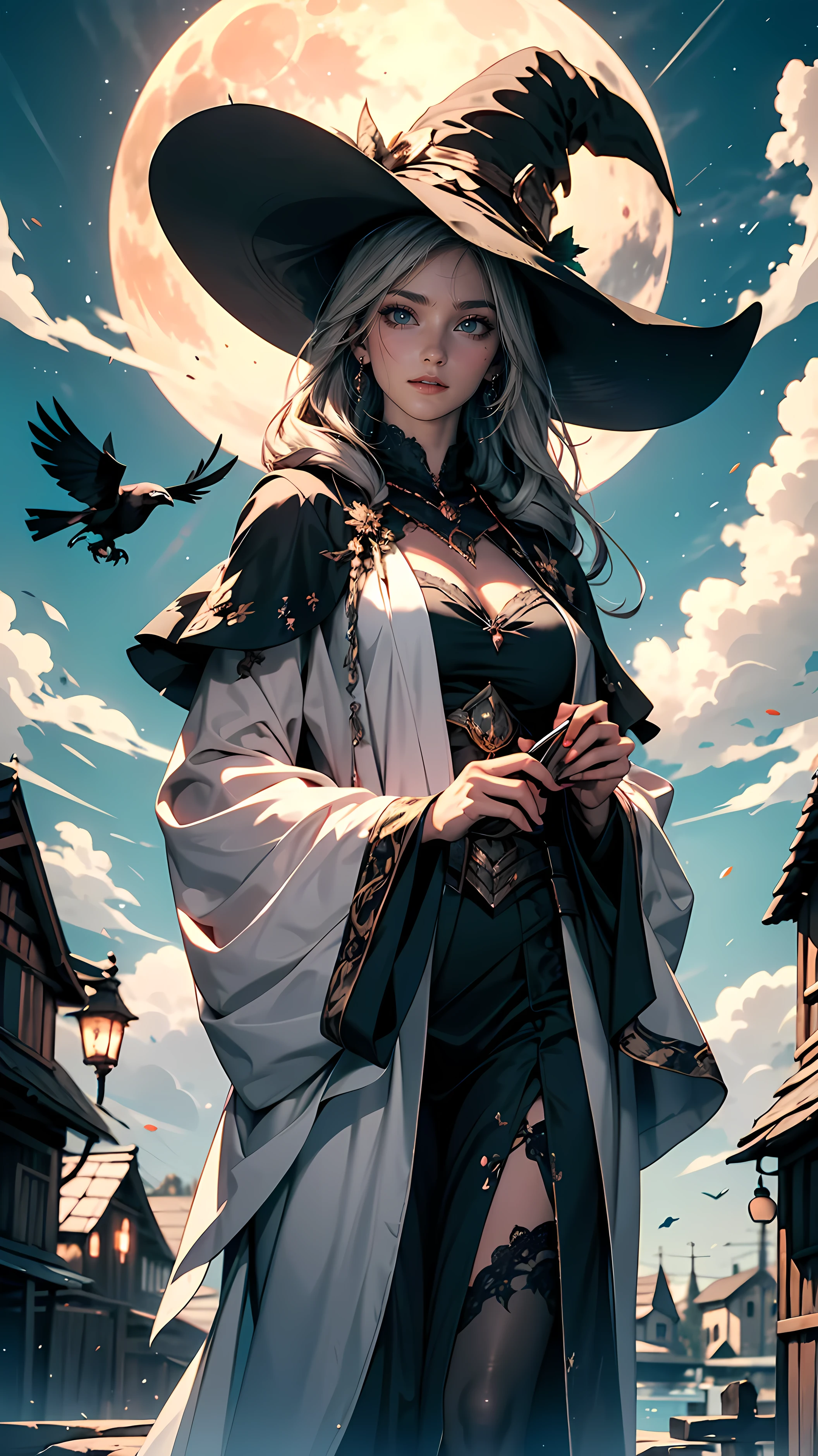 highest quality, Very detailed, masterpiece, Super detailed, cloud, witch_Have, Have, One girl, null, green_null,Day, length_hair, cloudy_null, moon,black raven, alone, Silver_hair, witch, Outdoor , full robe ,