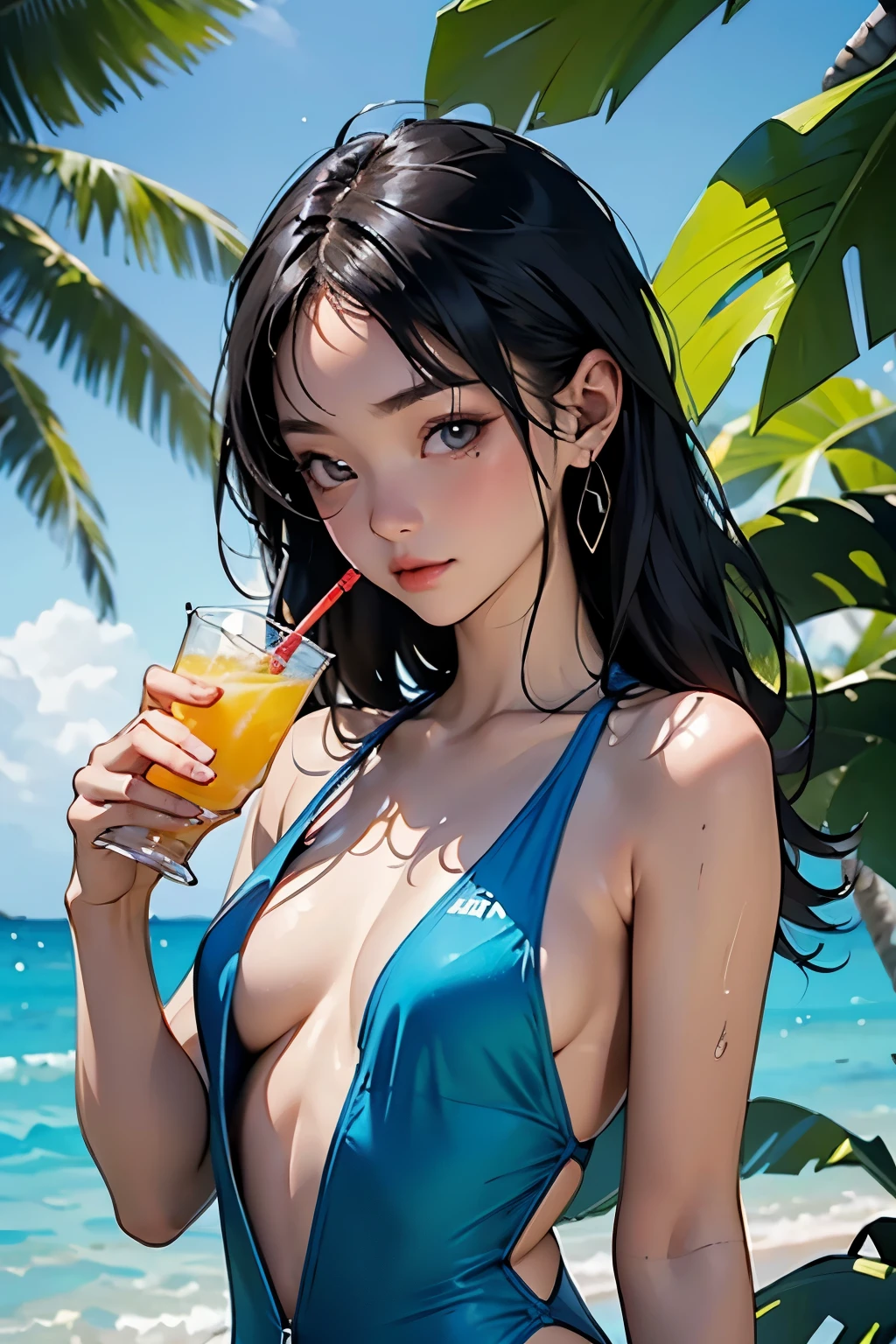 1 female、 alone、(18-year-old female)、(A girlfriend in a sexy swimsuit holds out a tropical drink in one hand and offers it to the viewer.:1.2)、(Small cleavage is sexy)、 BREAK(Low angle shot)、 (From below:1.2)、(Dutch Angle)、BREAK(Facing directly at the viewer:1.2)、Cute face、Cute eye drawing、Shortcuts、Black Hair、Healthy body shape、Moisturized Skin、