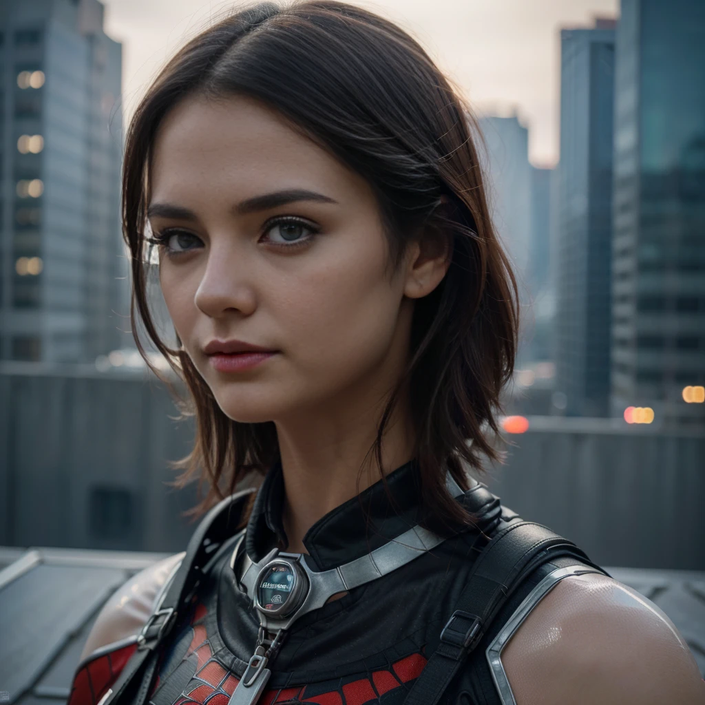 (1girl:1.3), Solo, (((Very detailed face)))), ((Very detailed eyes and face)))), Beautiful detail eyes, Body parts__, Official art, Unified 8k wallpaper, Super detailed, beautiful and beautiful, beautiful, masterpiece, best quality, original, masterpiece, super fine photo, best quality, super high resolution, realistic realism, sunlight, full body portrait, amazing beauty, dynamic pose, delicate face, vibrant eyes, (from the front), She wears Spider-Man suit, red and black color scheme, spider, very detailed city roof background, rooftop, overlooking the city, detailed face, detailed complex busy background, messy, gorgeous, milky white, highly detailed skin, realistic skin details, visible pores, clear focus, volumetric fog, 8k uhd, DSLR, high quality, film grain, fair skin, photo realism, lomography, futuristic dystopian megalopolis, translucent