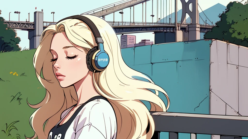 Street fashion girl, headphone, LOFI Retro, stylish, 1980s, bridge, usa, summer, morning, beautiful blonde long hair woman in her 20s, close your eyes, white skin, upper body