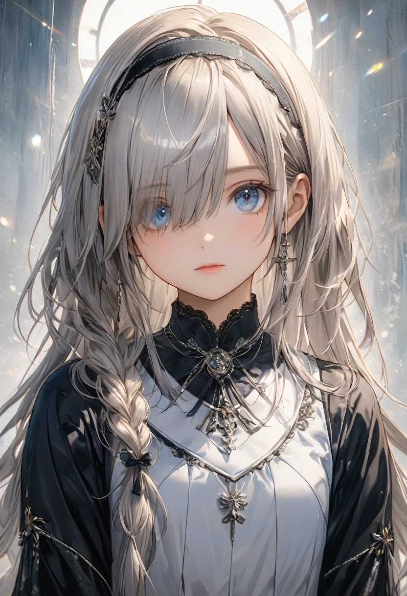 masterpiece, Highest quality, [crazy_eye], (Small Tits: 1.2), Super detailed, fog, Browsing Caution, (Expressionless) 1girl,((wistful)),young ,12yo,(Pale blue eyes),(shiny silver hair)(asymmetrical bangs),(eyes visible through hair/bangs),((hair over one eye)),droopy eyes,long hair,headband,single braid,sidelocks,asymmetrical bangs,flowing bangs,pretty face,pretty girl,(cute, sexly, slightly mature face),short ,
(detailed eyes, face),(detailed hair),realistic texture,delicate lighting,delicate shadows,super high resolution,rich in details and textures,(super detailed),detailed outfit,sharp focus,HDR,(masterpiece),(perfect eyes),(perfect hands),