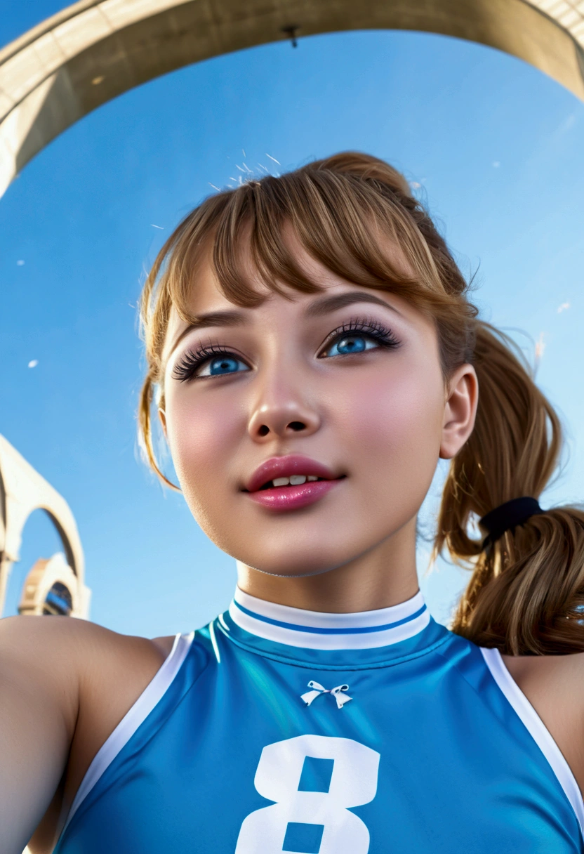 stadium, (Photoreal:1.4, 8K), highest quality, masterpiece, ultra high resolution, perfect dynamic composition, big face, round face, (light brown hair:1.3, long hair, bangs, curly hair, ponytail), Highly detailed skin and facial textures:1.3, tanned skin:1.3, slender:1.3, perfect proportions:1.3, Medium chest:1.2, cleavage, Glossy legs, Detail of limbs,  Cute and sexy 22 year old cheerleader, (completely enchants you:0.9), (cheerleader light blue costume:1.4),  (gal makeup, eyeliner, mascara, Pink lip gloss, distant eyes, Eyes that feel beautiful eros:0.85), sexy face:0.4, (closed mouth, small mouth, thick lips, A taste of beautiful eroticism:0.85), (Too cute beauty:0.9), stadium, Lots of spectators, Lots of spectators, green grass, Wind, Movie lighting from the front, (taken from below:1.8), (Look down:1.3), (extreme close up:1.3), (arch your back:1.5), smile:0.7