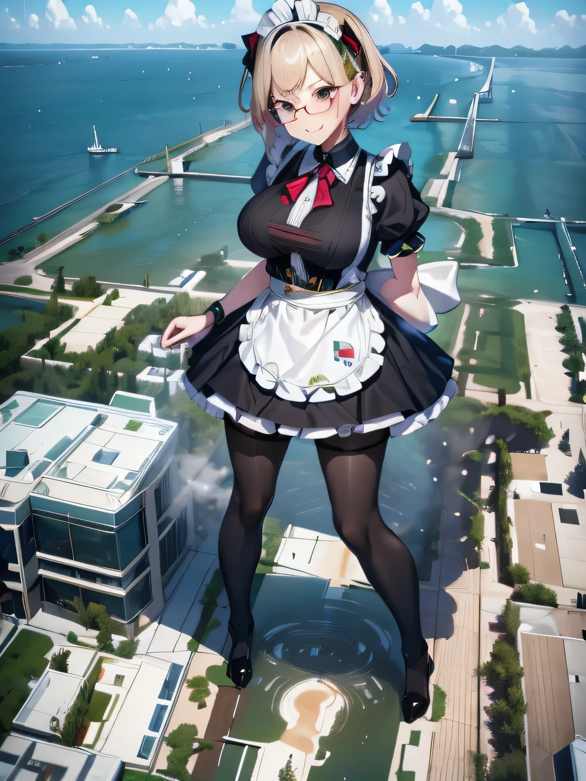 multiple girls, 3girls, standing, giantess art, highly detailed giantess shot, giantess, most detailed, perfect face, two legs, five fingers, short hair, beautiful girl bigger than a skyscraper, wearing rimless glasses, smiling, huge breasts, maid, maid outfit, black pantyhose, no shoes, toes visible through pantyhose, steam coming out of soles of feet, seaside metropolis, ocean, destroying city, under heavy attack, very small metropolis, miniature metropolis, full body depiction, GTS, giga giantess, gigagts, trampling city, crashed city, small city, micro city, pantyhose feet, high resolution, best quality, masterpiece,