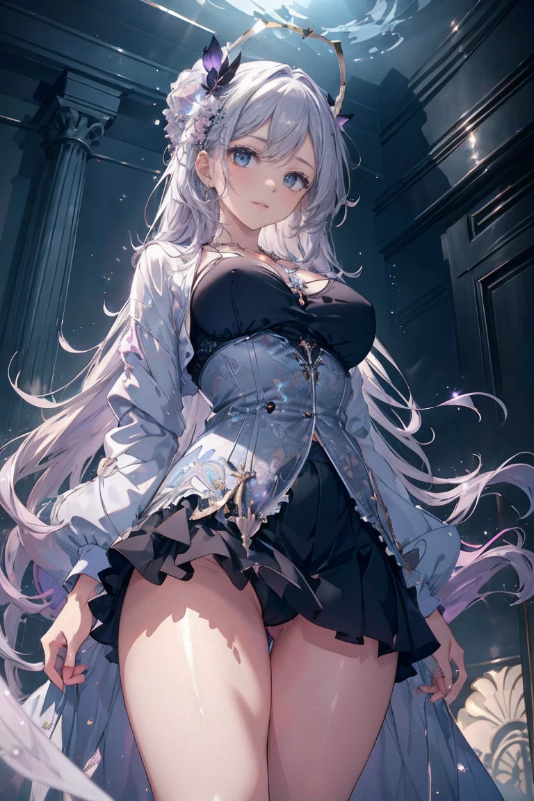 Anime cute sexy perfect slim sensual body big breasts and huge thighs, Exquisite and highly detailed illustrations of anime ( girl). High-resolution RAW color images, animation,Sculpture, Silver Marble Skin, (((Elegant and highly detailed))), Magical atmosphere, Thin Skin, texture,(Confusingly detailed, Small parts, Highly detailed art), Depth of written boundary, Hip,Silky to the touch, Hyper Detail, (Pastel Purple), Gorgeous eyes, Elegant face, Casual jacket, (trunk), necklace, To Heaven, Bent Podolmijanivanije, Bright sky background, Large breasts,1girl, masterpiece, best quality, absurdres, black long hair,(shiny skin:1.1), (show off underwear:1.3), from below, close up nether region , white underwear, skirt,Glamorous Body,Ultra low angle,Dynamic Angle,Shiny Hair,Shiny Skin,Backlight,Realistic Flesh,