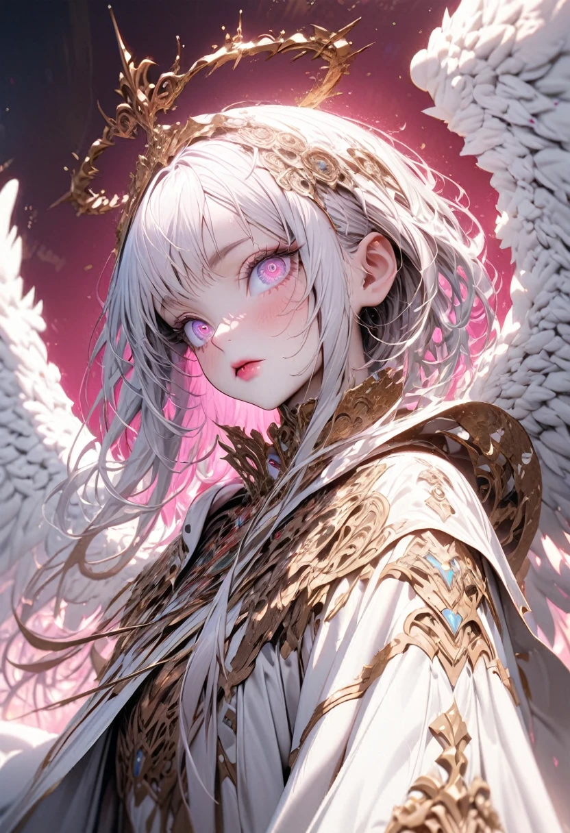 ((original photo)), ((masterpiece)), Anthropomorphic humanoid angel girl wearing white noble robe, intricate details, football, Intricate Gribbles Works, The sky behind, Pink, beautiful wings, Detailed eyes and lips
