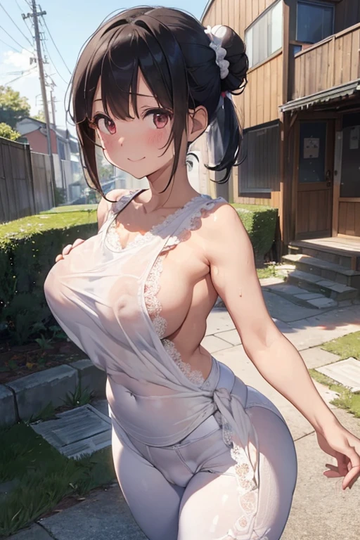 masterpiece、1 female student、(((Missing arm,Bare arms,Towel wrap)))White cloth bun、Shoulder leakage、chubby、Smile、(((Lace、White Yoga pants)))pale pink lips、posing at school,(Soaked),legs are open, 独奏, looking at the audience, (Thick thighs:1.0),Red eyes, Blushed,blunt hair,flower headdress,lawn,hands on hips,creek,black hair,Smile with teeth showing,short hair,garden,(((Side milk is visible,))),(((Chest visible from the side,Big breasts,Showing side chest,Exposed side chest))),clear and bright eyes,((((stand at attention,From the front)))),((View from below,((Bun cunt,Cunt stressed,Pussy crack:1.3)),坐In the water,躺In the water)),Mature,In the water