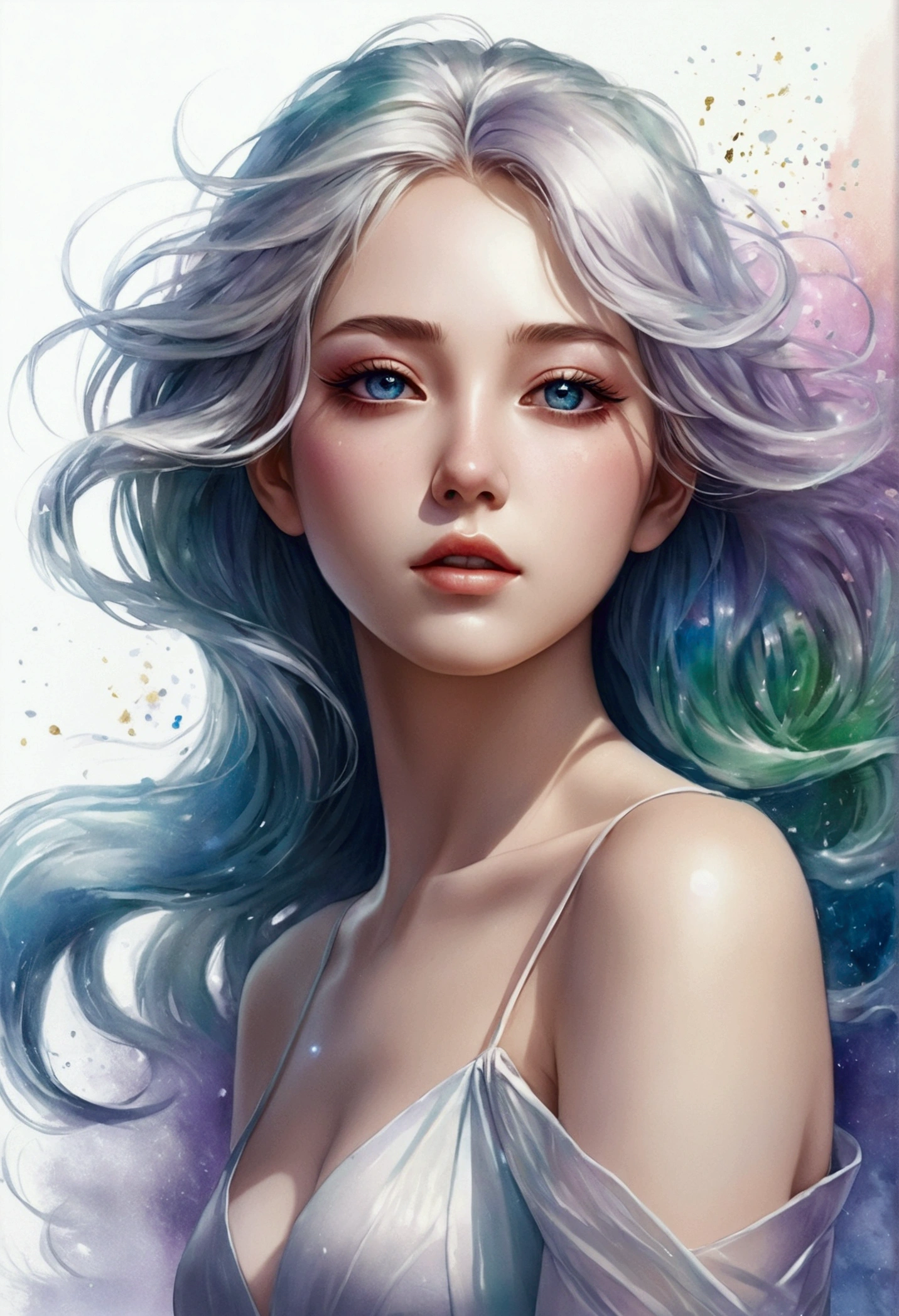 An anime realistic illustration of a beautiful woman with transparent hair and delicate pupils, sitting in a captivating pose with a body blurred by a gradient, rendered in 16k ultra-detail with a fusion of watercolor and oil painting effects, featuring iridescent gemstone powder dust and dynamic wind effects, all presented in a contemporary art style.