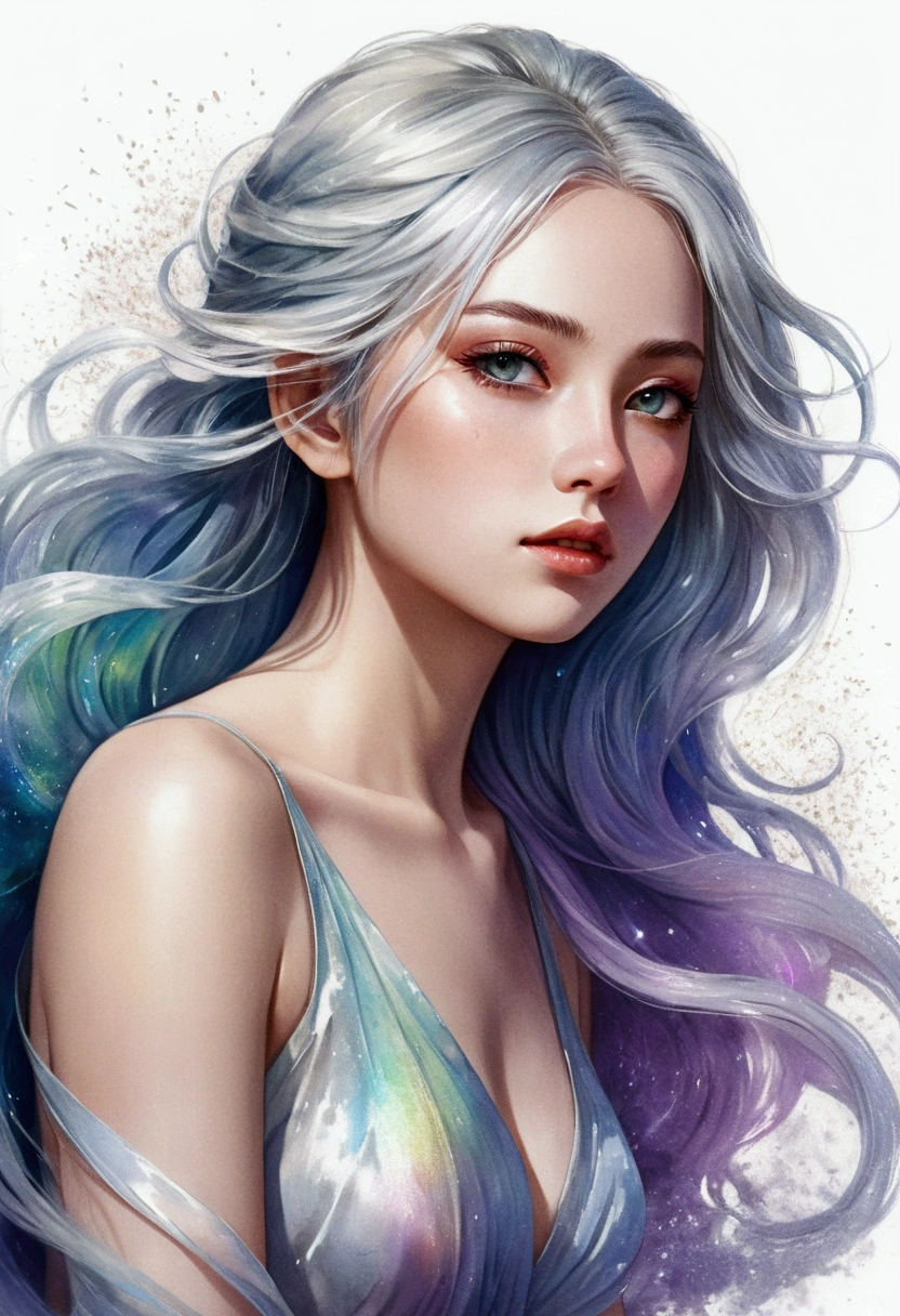 An anime realistic illustration of a beautiful woman with transparent hair and delicate pupils, sitting in a captivating pose with a body blurred by a gradient, rendered in 16k ultra-detail with a fusion of watercolor and oil painting effects, featuring iridescent gemstone powder dust and dynamic wind effects, all presented in a contemporary art style.