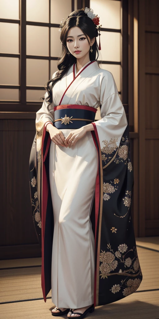 a highly detailed full body portrait of a geisha, beautiful detailed eyes, beautiful detailed lips, extremely detailed skin, flawless porcelain skin, long black hair, elegant and sexy traditional geisha clothing, detailed kimono, detailed obi sash, exquisite hair ornaments, peaceful serene expression, intricate hyperdetails, symmetrical, octane render, 8k, photorealistic, cinematic lighting, soft warm color palette