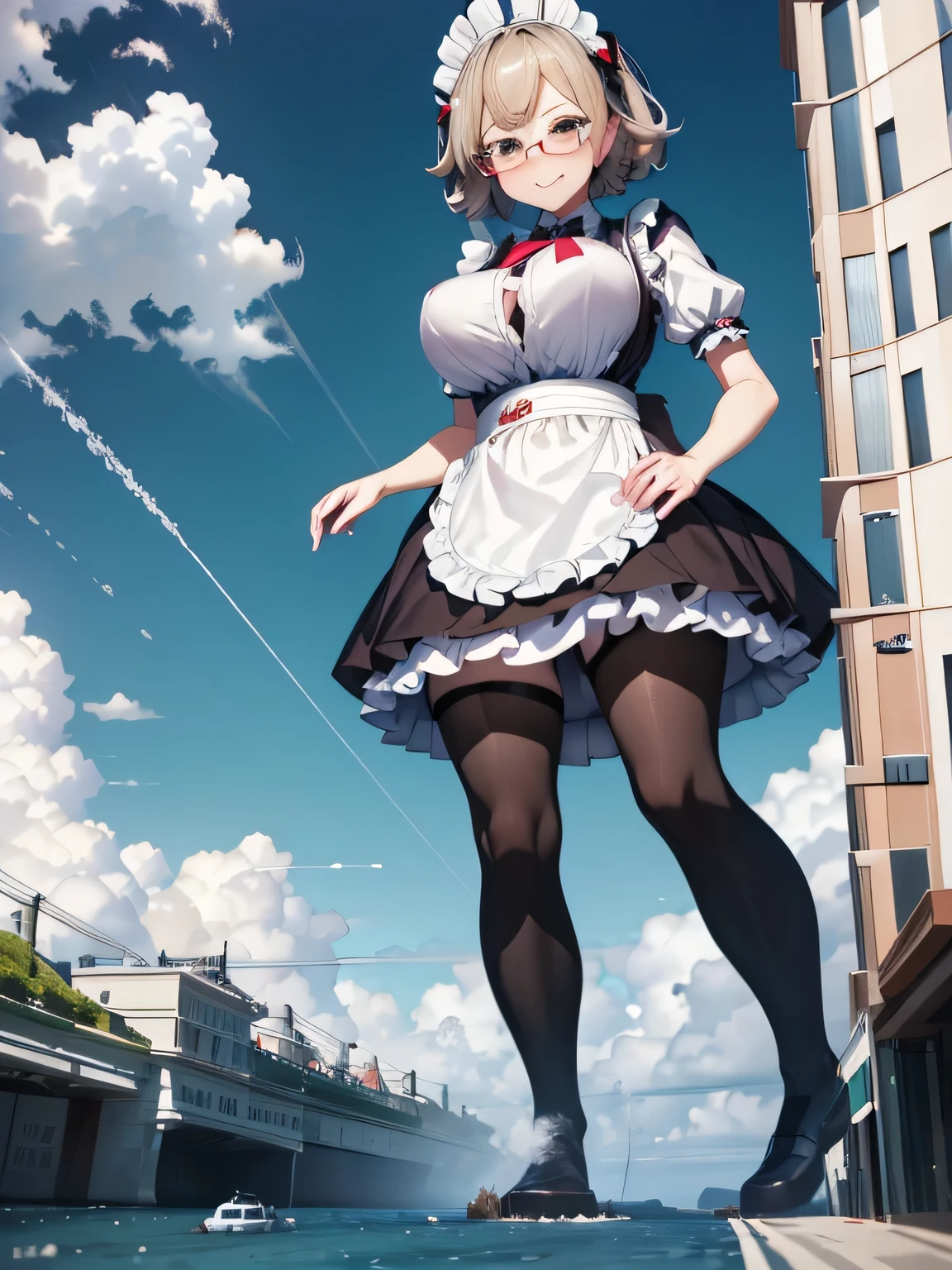 multiple girls, 3girls, standing, giantess art, highly detailed giantess shot, giantess, most detailed, perfect face, two legs, five fingers, short hair, beautiful girl bigger than a skyscraper, wearing rimless glasses, smiling, huge breasts, maid, maid outfit, black pantyhose, no shoes, toes visible through pantyhose, steam coming out of soles of feet, seaside metropolis, ocean, destroying city, under heavy attack, very small metropolis, miniature metropolis, full body depiction, GTS, giga giantess, gigagts, trampling city, crashed city, small city, micro city, pantyhose feet, high resolution, best quality, masterpiece,