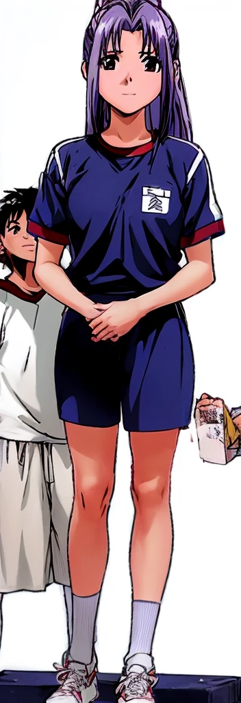 Momoko Koigakubo, a tall girl with beautiful legs, is standing with a smile on her face in a white gym uniform and light navy blue bloomers that look like panties.。Momoko Koigakubo is holding the shoulders of a boy wearing a tracksuit。