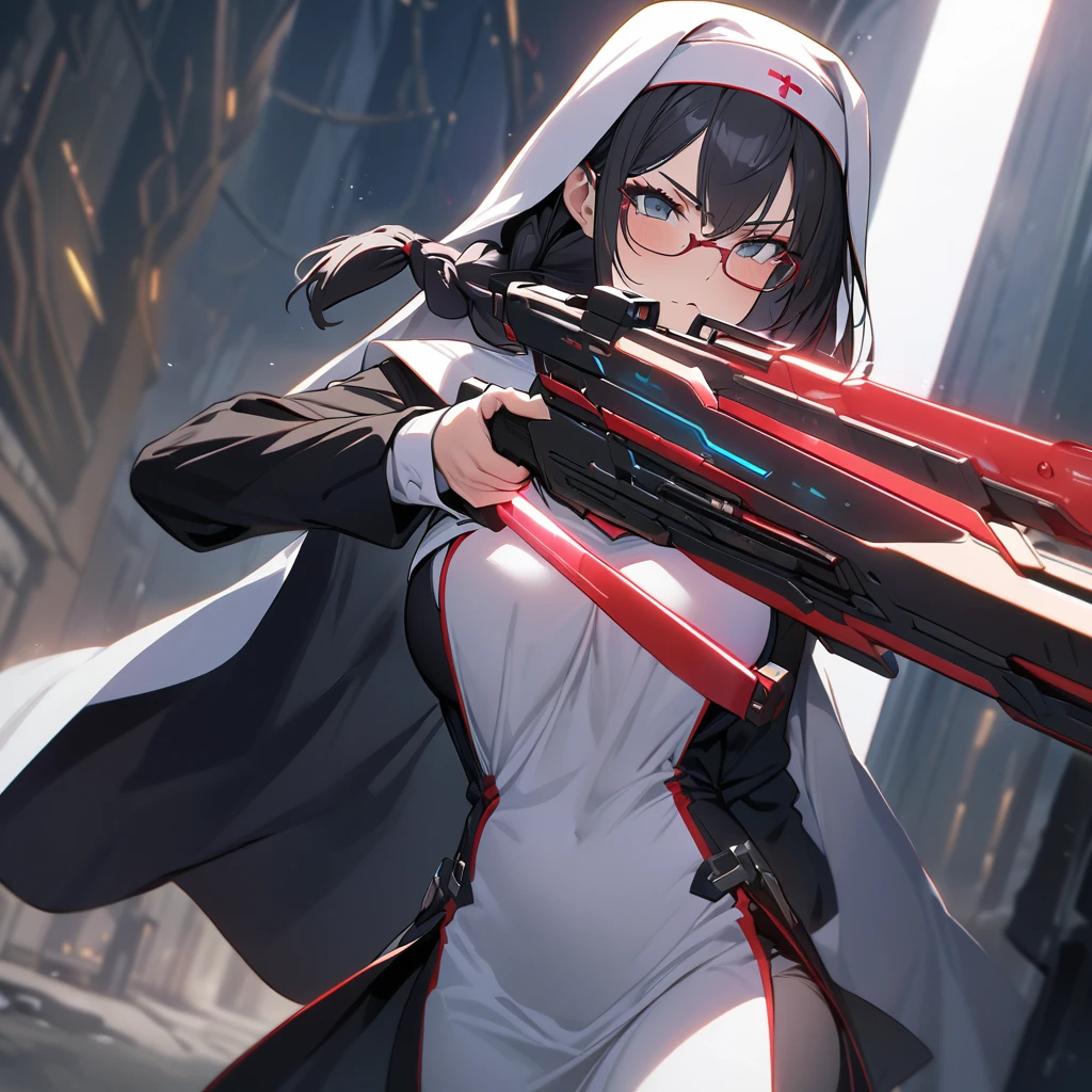 Top quality, masterpiece, high resolution, nun, black hair, braids, glasses, red cyber protector, equipped with a railgun, aim and shoot