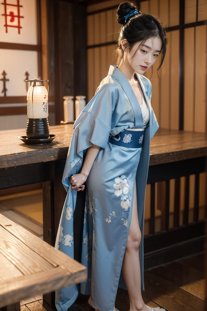 (((best quality))),(((ultra detailed))),(((masterpiece))),illustration,((1 beautiful Japannese girl,solo)),((slim,thin)),((small breasts,flat chest)),(in izakaya:1.3),(summer:1.2),(rainy:1.3),(indoor:1.2),(night scene:1.3),(wet:1.3),(collar:1.2),(blue floral kimono:1.3),neat bun,porcelain skin,(slender legs:1.2),(geta:1.2),rouge,dimly lit,warm glow,ethereal,(standing beside the table:1.3),(arms behind back:1.5),sake bottle,half-empty glass,tray,grilled fish,steamed vegetables,half-eaten,melancholic smile,storm,solitude,enigmatic aura,tranquility,chaos,simplicity,mysterious,captivating,((from front,full body))