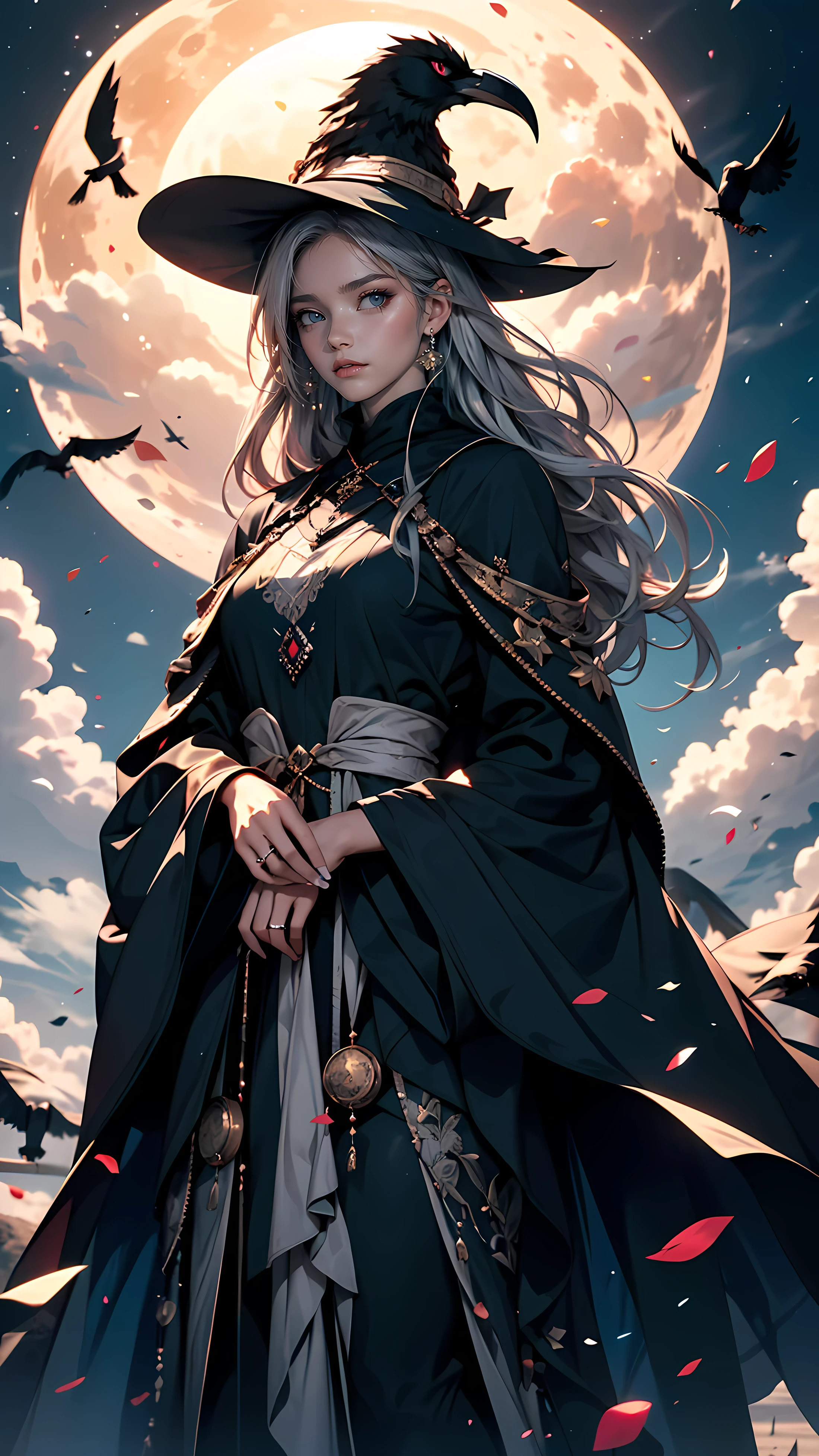 highest quality, Very detailed, masterpiece, Super detailed, cloud, witch_Have, Have, One girl, null, green_null,Day, length_hair, cloudy_null, moon,black raven, alone, Silver_hair, witch, Outdoor , full coverings black abaya