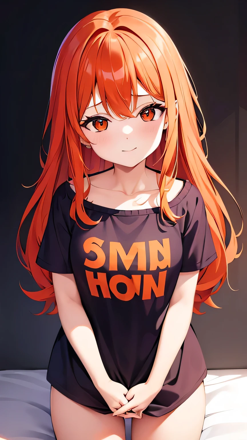 Mature medium long hair sexy cute girl wearing orange hair purple crop and pantolon 8k quality sharp lines Cute girl Background girls' children's room A happy girl