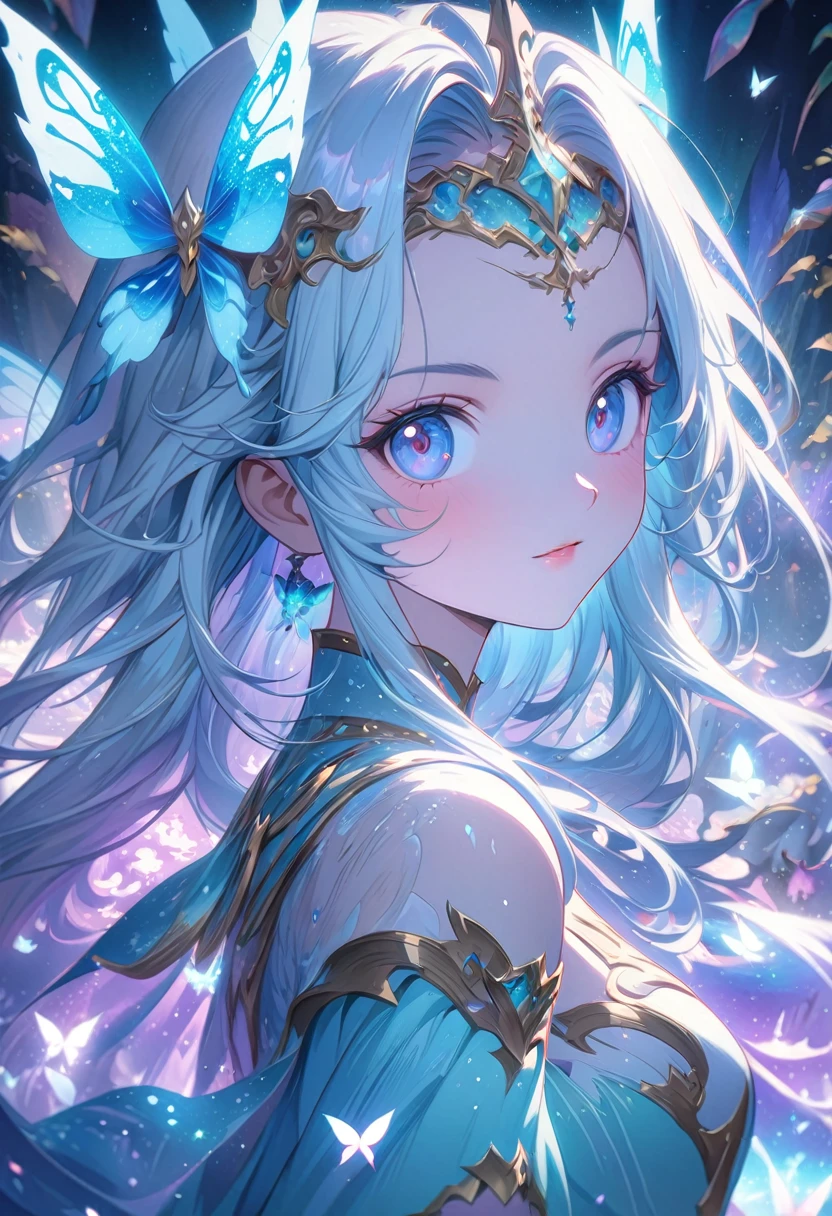 anime girl with butterfly headpiece and blue dress, fantasy art style, ((a beautiful fantasy empress)), 8k high quality detailed art, beautiful anime portrait, beautiful fantasy anime, beautiful anime style, anime fantasy illustration, aesthetic cute with flutter, detailed digital anime art, beautiful anime art style, astral fairy, artwork in the style of guweiz