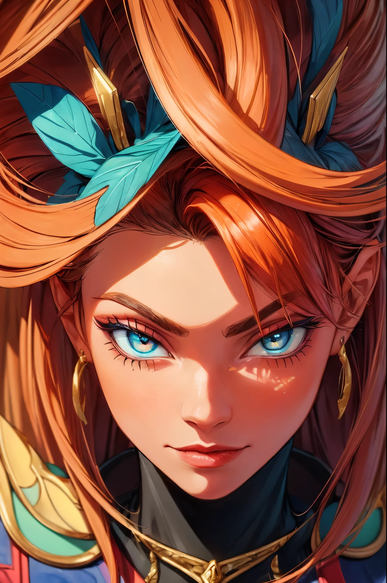 (((work of art))), (((best qualityer: 1.4))), ((super detaill: 1.4)) , hyper-detailed gouache painting of a female Tiefling, beautiful exotic features, neon amber eyes:1.5, hair orange, hyper-detailed facial features, expressive face, detailed textures, blue skin tone, tattoo's, shader de pele natural, volumetrics, warm tones under your skin, ultra-high resolution