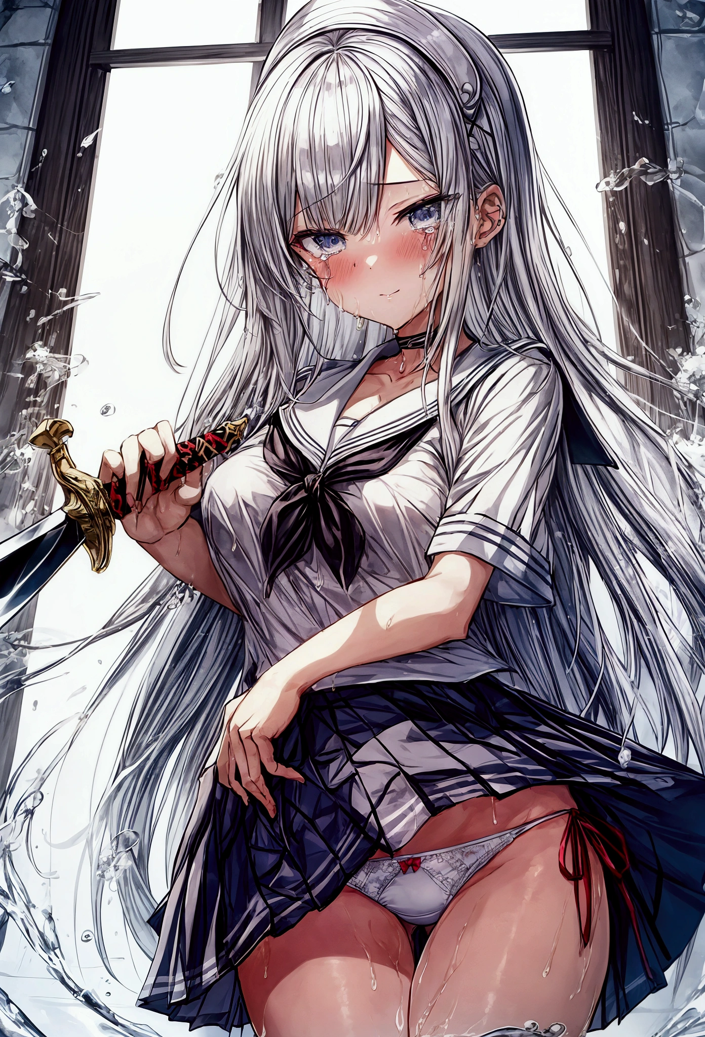 Anime poster of a woman holding a dagger，（（Panties）），girl，White，tears mark，water，Lovely，（young），Seductive expression