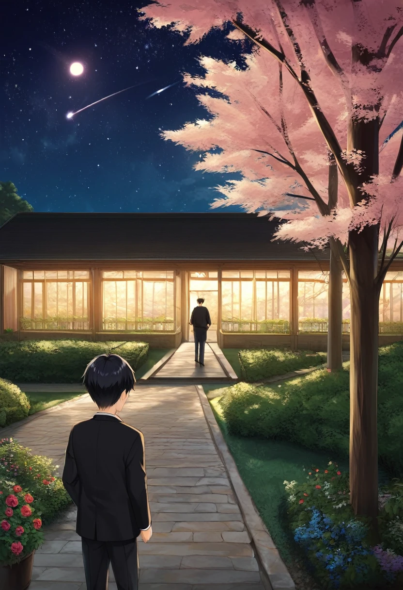 (Work), (best quality), (very high quality), (high res), (8k wallpaper), 1girl, long hair, black hair, , 1boy, short hair, , standing, garden, Trees, night sky, shooting stars, back to viwer,