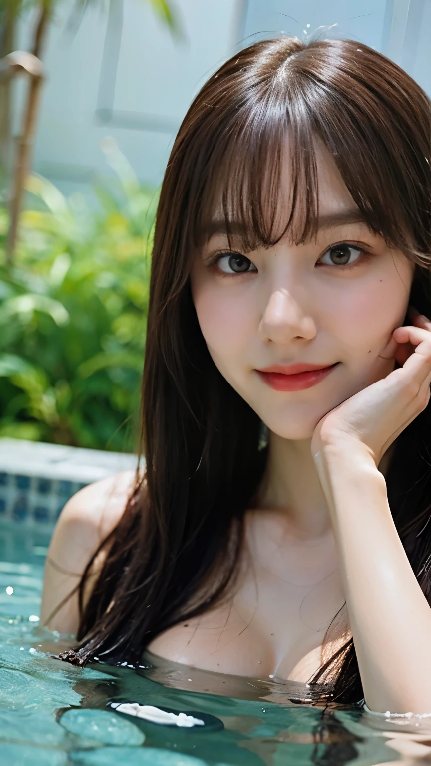 (8k、RAW Photos、Highest quality、masterpiece:1.2)、((night、moonlight:1.5))、((naked、Flat Chest、Make your face bigger:1.3))、(Realistic、Realistic)、1 girl、(smile、bangs、hot spring、relaxing after a hot bath、bamboo forest))、cute