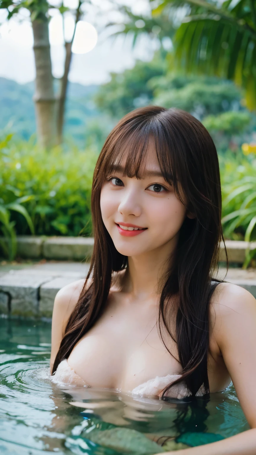 (8k、RAW Photos、Highest quality、masterpiece:1.2)、((night、moonlight:1.5))、((naked、Flat Chest、Make your face bigger:1.3))、(Realistic、Realistic)、1 girl、(smile、bangs、hot spring、relaxing after a hot bath、bamboo forest))、cute