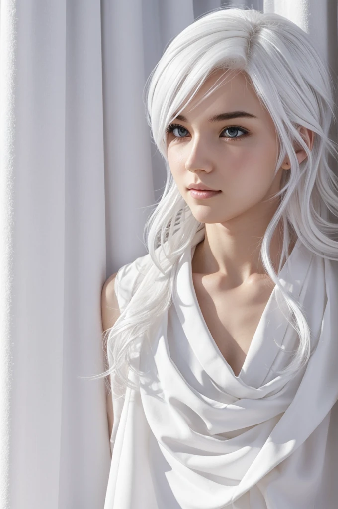Woman with androgynous features, white as snow and hair just as white and short to the shoulders, half wavy, curtain fringe. In the drawing style of the manga Boku no hero academy