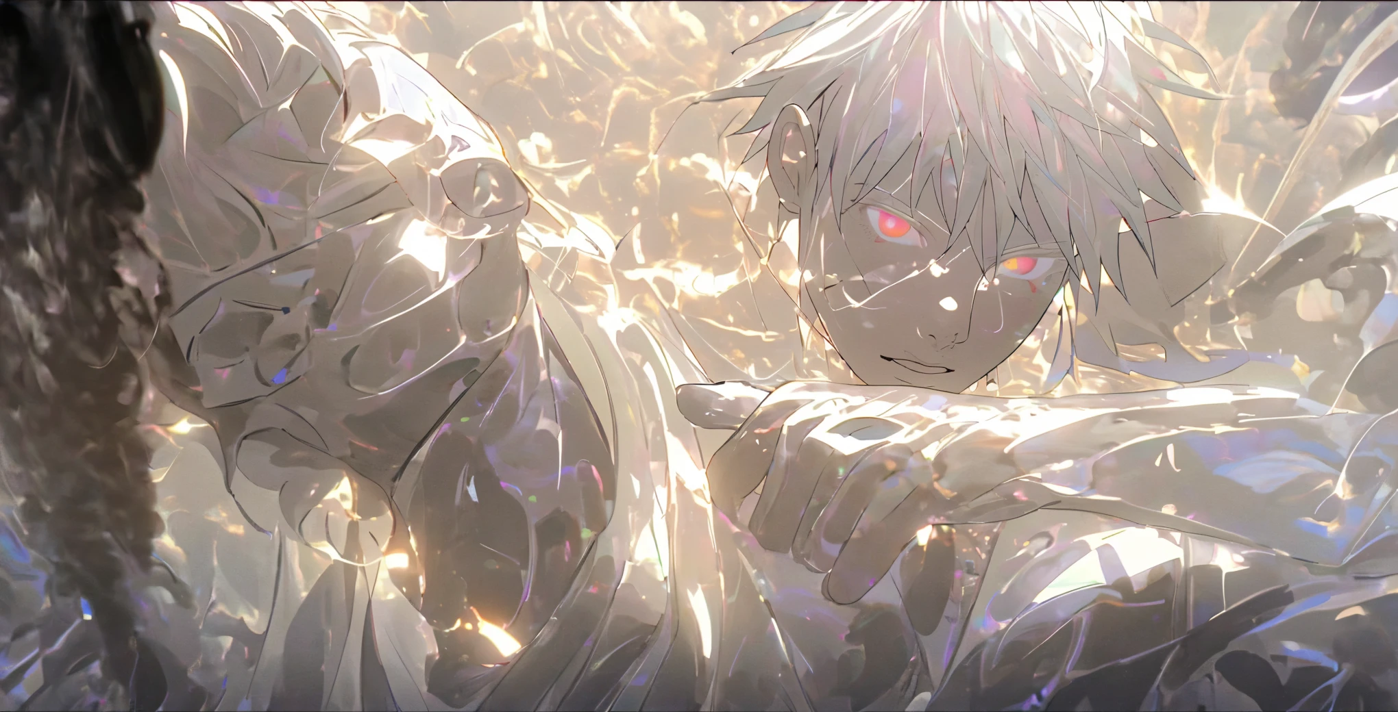 silver hair, short hair, crazy eyes, constricted pupils, eye reflection, crazy, nosebleed, laughing, excited, Surrealism, Romanticism, anime, Gothic art, depth of field, chiaroscuro, chromatic aberration, optical illusion, border, cowboy shot, sideways, UHD, high details, highres, best quality, 16k, masterpiece