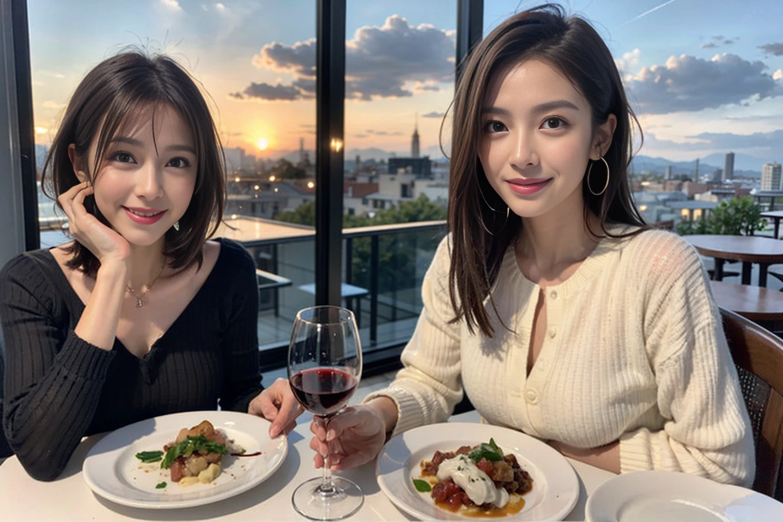 (Realistic:1.1),(masterpiece,Highest quality),8k,(49 years old), 53 years old, ベリーslimボディ、slimカップル、Tight waist,Upper Body,full-course dinner、wine 、Amazing view of the sunset sky and clouds、Perfect Anatomy, Brown Hair, short hair,Random Hairstyles,((Highly detailed face and eyes:1.2)),Perfect golden ratio face,Long sleeve shirt、dress,(smile:1.2)、Shortcuts、cute、(Realistic, Intricate details:1.2), A bright smile、short hair,Bright Face、赤wine 、Appetizers、Italian food、wine bottle、Champagne、スパークリングwine、(slimな顔), (The body is slim), (Brown Hair), (Shortcuts), Upper Body, 白wine, slim, wineグラス,