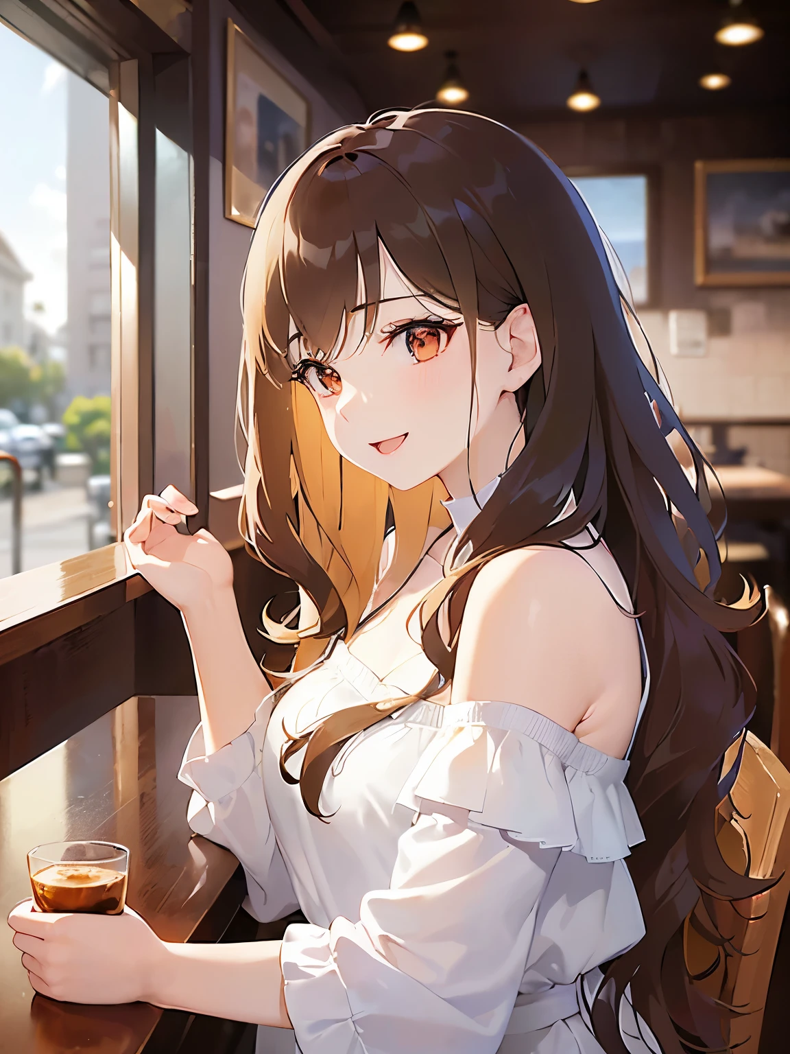 upper body、side angle, (looking away:1.5), (pale skin: 1.2), shiny skin, shiny hair、(A 25-year-old woman with medium-length hair and bangs) and (wavy hair) and (brown hair) and (orange eyes) , (white) and (off shoulder blouse) 、(smile:1.2), open mouth, The background is the interior of a cafe、Alone、Are standing