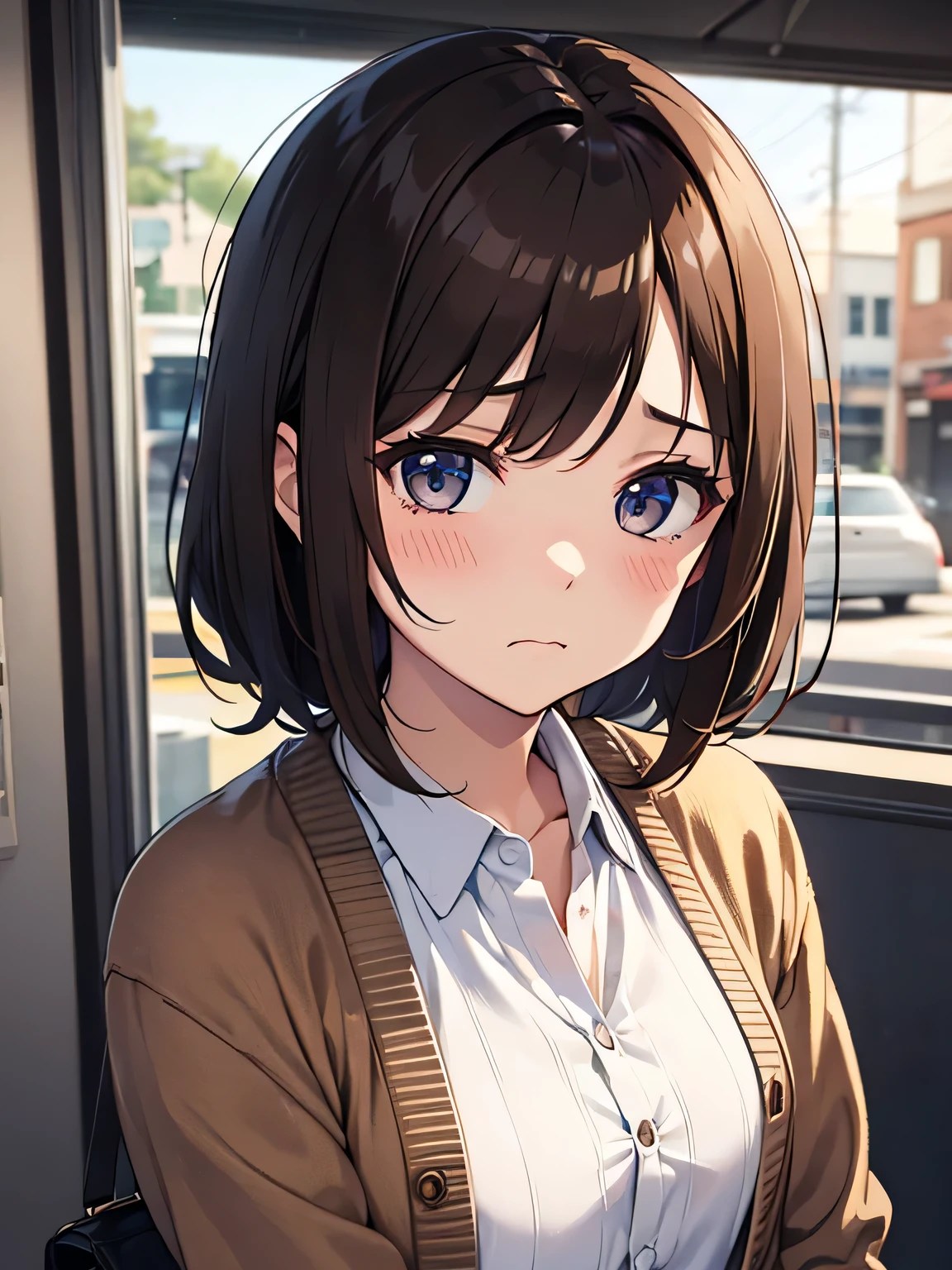 woman、Sad face、Brown Hair、cardigan