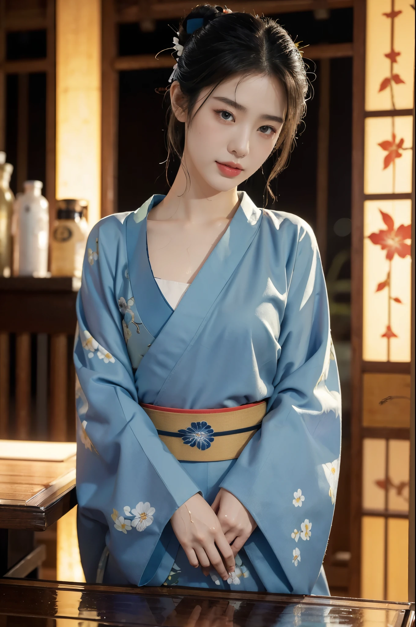 (((best quality))),(((ultra detailed))),(((masterpiece))),illustration,((1 beautiful Japannese girl,solo)),((slim,thin)),((small breasts,flat chest)),(in izakaya:1.3),(summer:1.2),(rainy:1.3),(indoor:1.2),(night scene:1.3),(wet:1.3),(collar:1.2),(blue floral kimono:1.3),neat bun,porcelain skin,rouge,dimly lit,warm glow,ethereal,(standing beside the table:1.3),(arms behind back:1.2),sake bottle,half-empty glass,tray,grilled fish,steamed vegetables,half-eaten,melancholic smile,storm,solitude,enigmatic aura,tranquility,chaos,simplicity,mysterious,captivating,((from front,upper body))