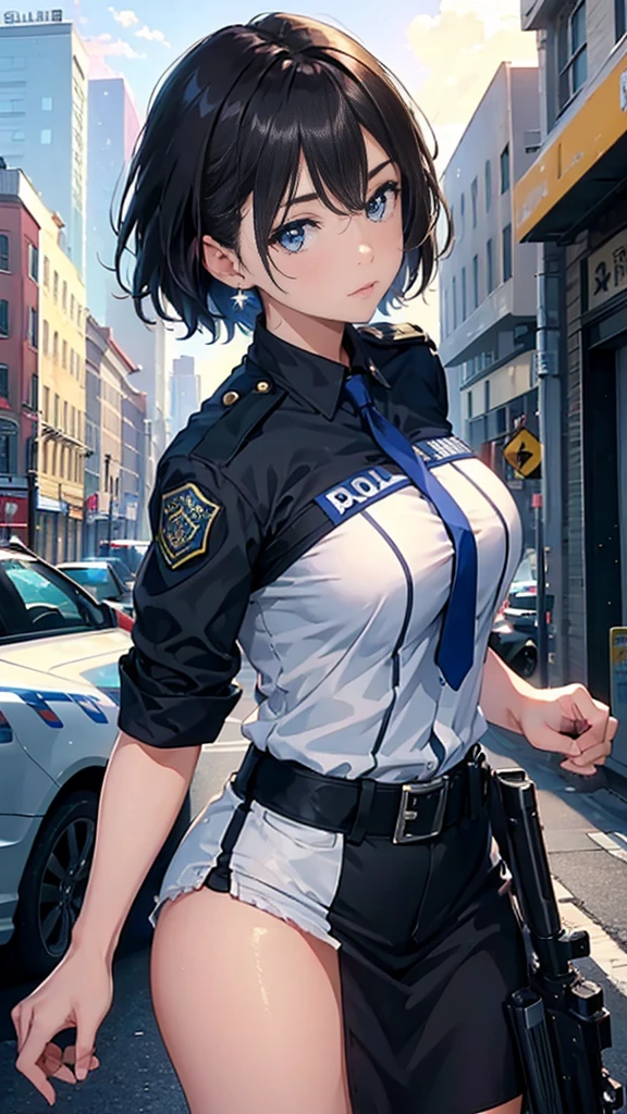 Highest quality、masterpiece、8k、Realistic、超High resolution、Very delicate and beautiful、High resolution、Cinema Lighting、medium range shooting、Perfect female body、Beautiful woman、Mature Woman、Beautiful Eyes、Cityscape、(short hair:1.8、Black Hair)、((Female police officer:1.4、紺色のFemale police officer、Female officer&#39;s cap、Uniform Buttons、Navy blue tie、Jacket、White gloves))、pantyhose、Pencil Skirt、Stiletto heel pumps、badge、Epaulettes、