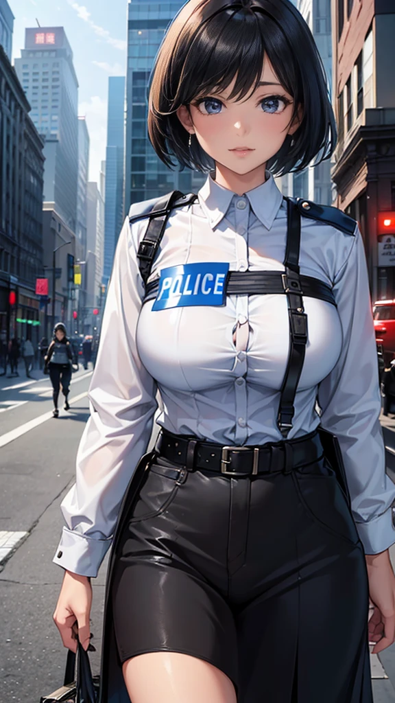 Highest quality、masterpiece、8k、Realistic、超High resolution、Very delicate and beautiful、High resolution、Cinema Lighting、medium range shooting、Perfect female body、Beautiful woman、Mature Woman、Beautiful Eyes、Cityscape、(short hair:1.8、Black Hair)、((Female police officer:1.4、紺色のFemale police officer、Female officer's cap、Uniform Buttons、Navy blue tie、Jacket、White gloves))、pantyhose、Pencil Skirt、Stiletto heel pumps、badge、Epaulettes、