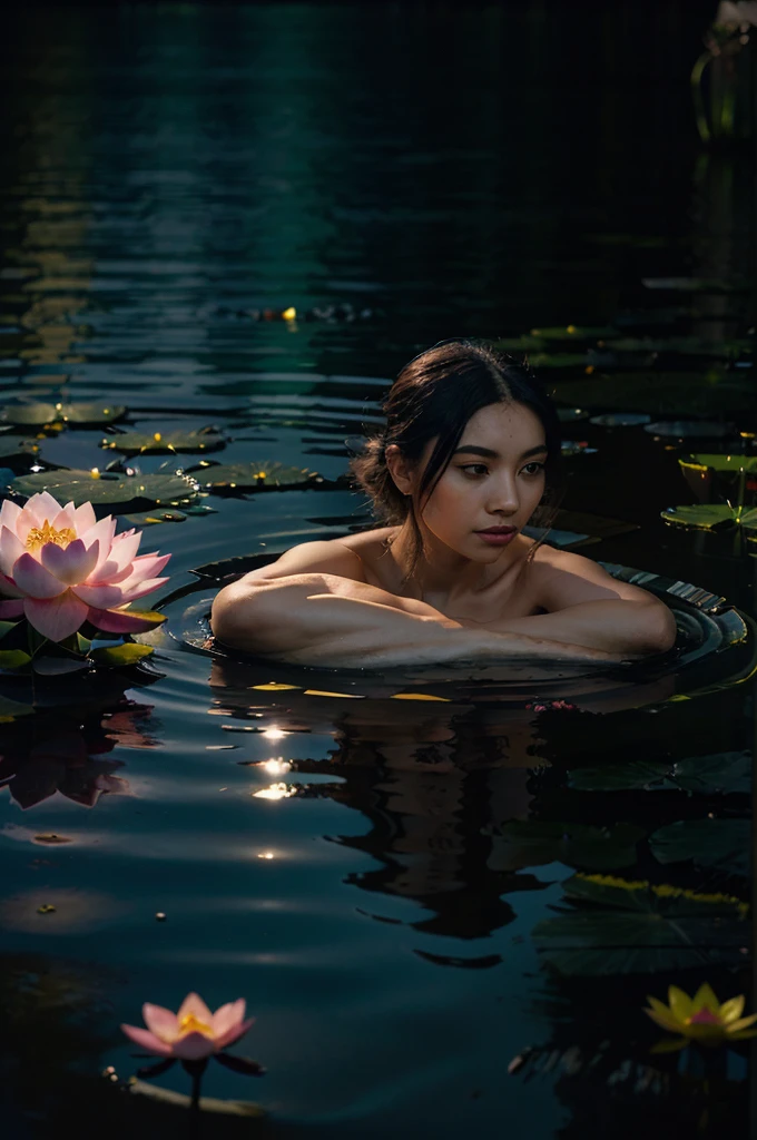“A vivid depiction of a calm, moonlit night over a tranquil pond with lotus flowers. A wise character is seen reflecting on the water’s surface, symbolizing introspection and the power within.”hyper realistic