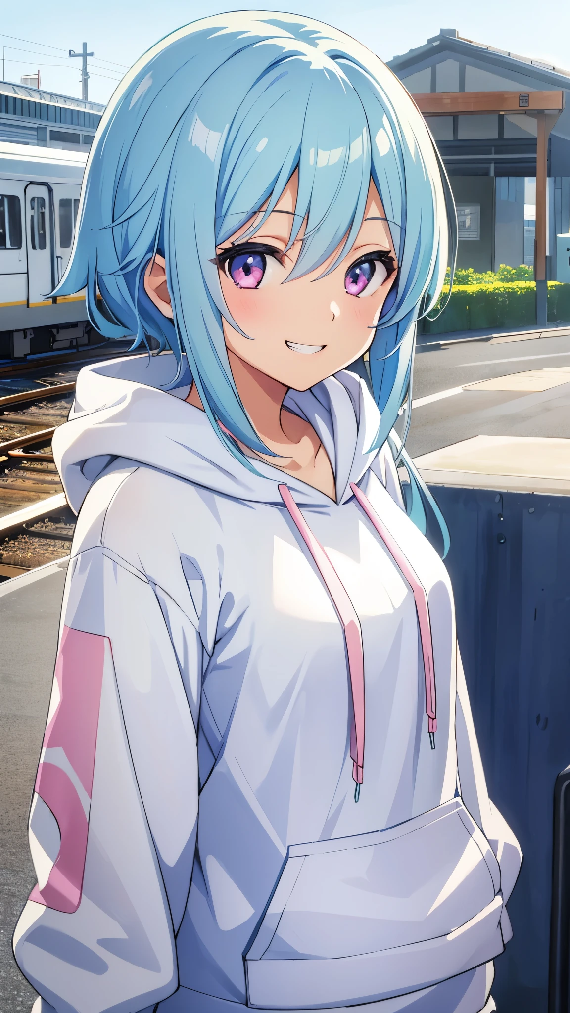 1 girl、Anime style painting、Light blue hair、Pink Eyes、Grin、Small breasts、From the side、smile、Upper body close-up、Wearing a white hoodie、Railway station background