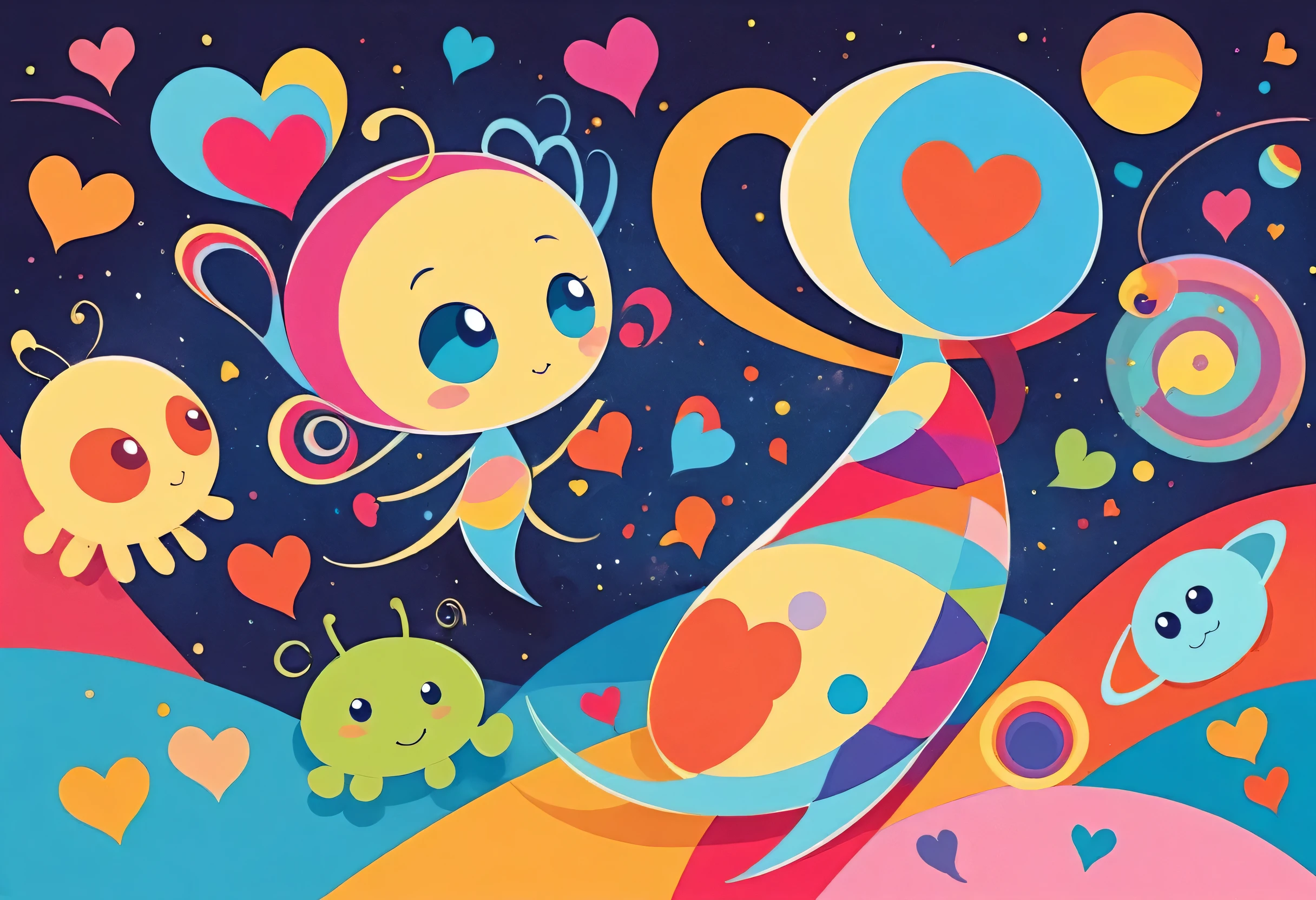 Vasily Kandinsky colorfull style, Simple Line Initialism，Abstract art, colorful hearts, funny design, (((bosom buddy ))), (((Cute Aliens))), The background is space