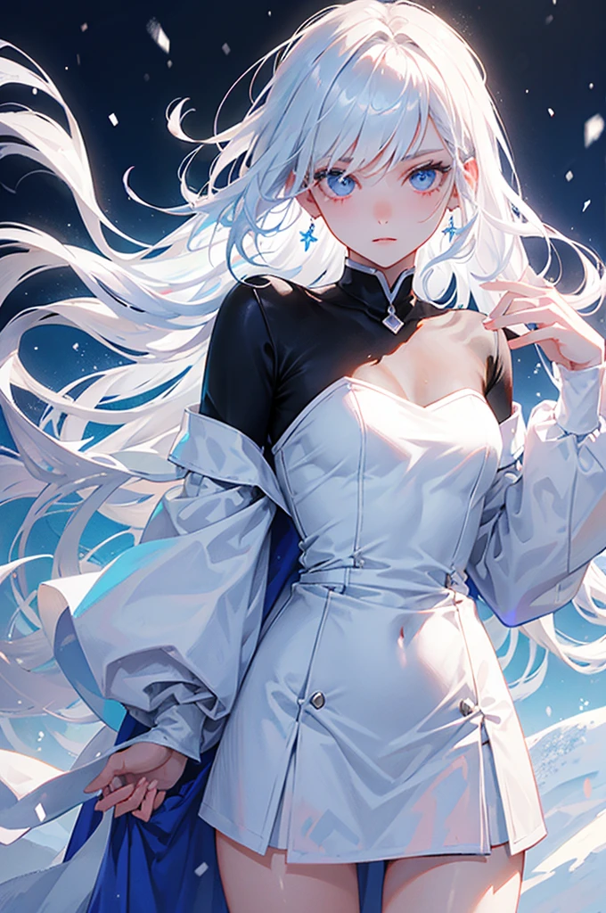 Woman with androgynous features, white as snow and hair just as white and short to the shoulders, half wavy, curtain fringe. In the drawing style of the manga Boku no hero academy