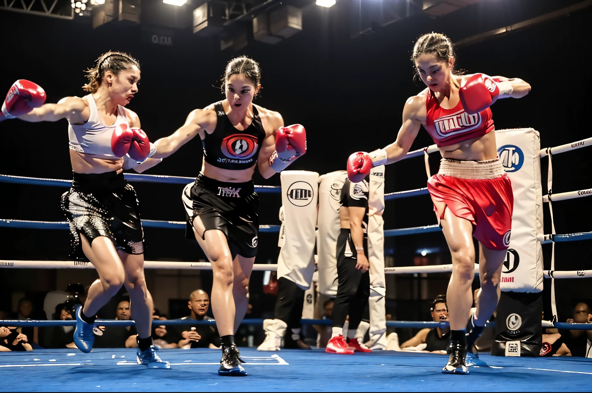 Boxing Match, ((masterpiece, highest quality, Highest image quality, High resolution, photorealistic, Raw photo, 8K)), ((motiontrail, motion trail)), ((Extremely detailed CG unified 8k wallpaper)), (huge stunning goddess shot, very hot and y, jaw-dropping beauty, perfect proportions, beautiful body, slim body beauty:1.4), Female boxers, two athletes beating each other in the ring, wearing sports bras, trunks, boxing gloves and boots, sweat splattered, Sweat running, wet body, intense fighting, (View from below), SFW,