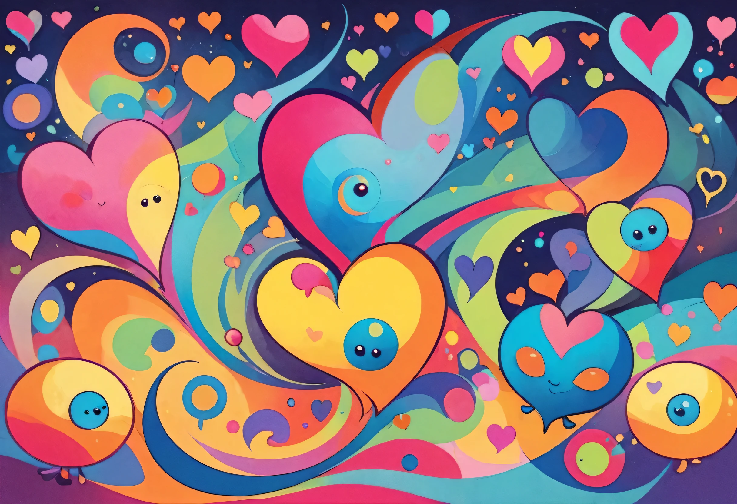 Vasily Kandinsky colorfull style, Simple Line Initialism，Abstract art, colorful hearts, funny design, (((bosom buddy ))), (((Cute Aliens))), The background is space