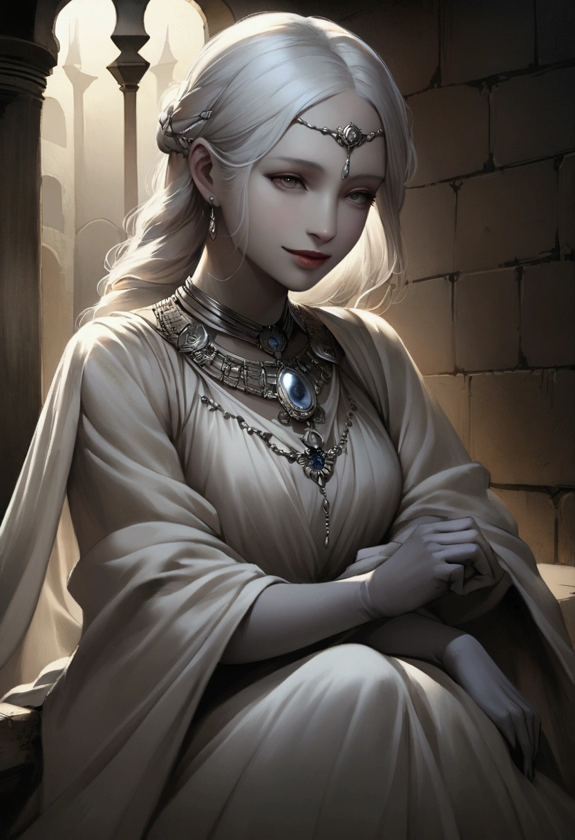 An anime realistic illustration of a graceful, ancient female with grey skin and long white hair, wearing rags and a silver brooch, smiling lightly while in a curtsey pose in a crypt, with her skeleton faintly visible through her skin, rendered in a delicate and ethereal style.
