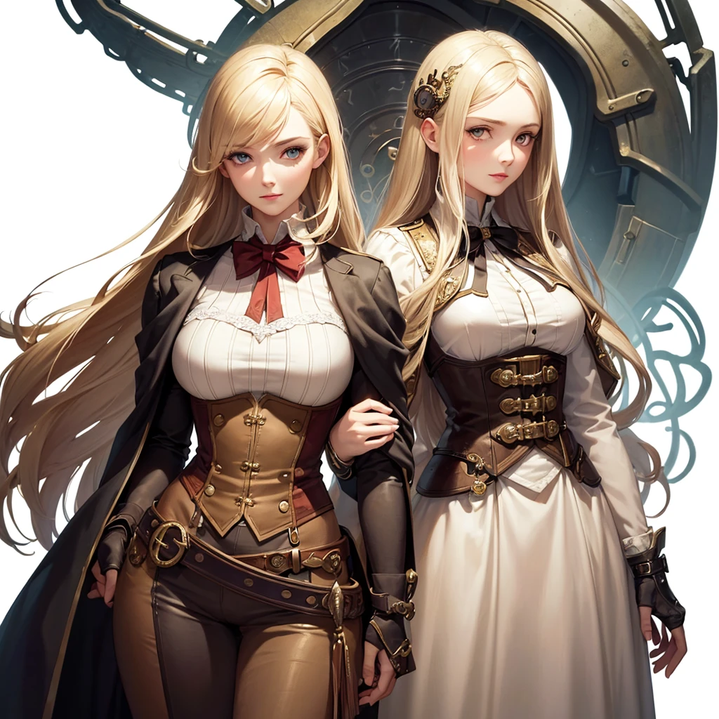 ((masterpiece)), (((Best quality))), illustration, (character design, same character, front view), mature woman, bright skin, eyes of different colors, blonde hair, long hair, steampunk clothing, mismatched clothes, belt, (White background: 1.3) ,--6