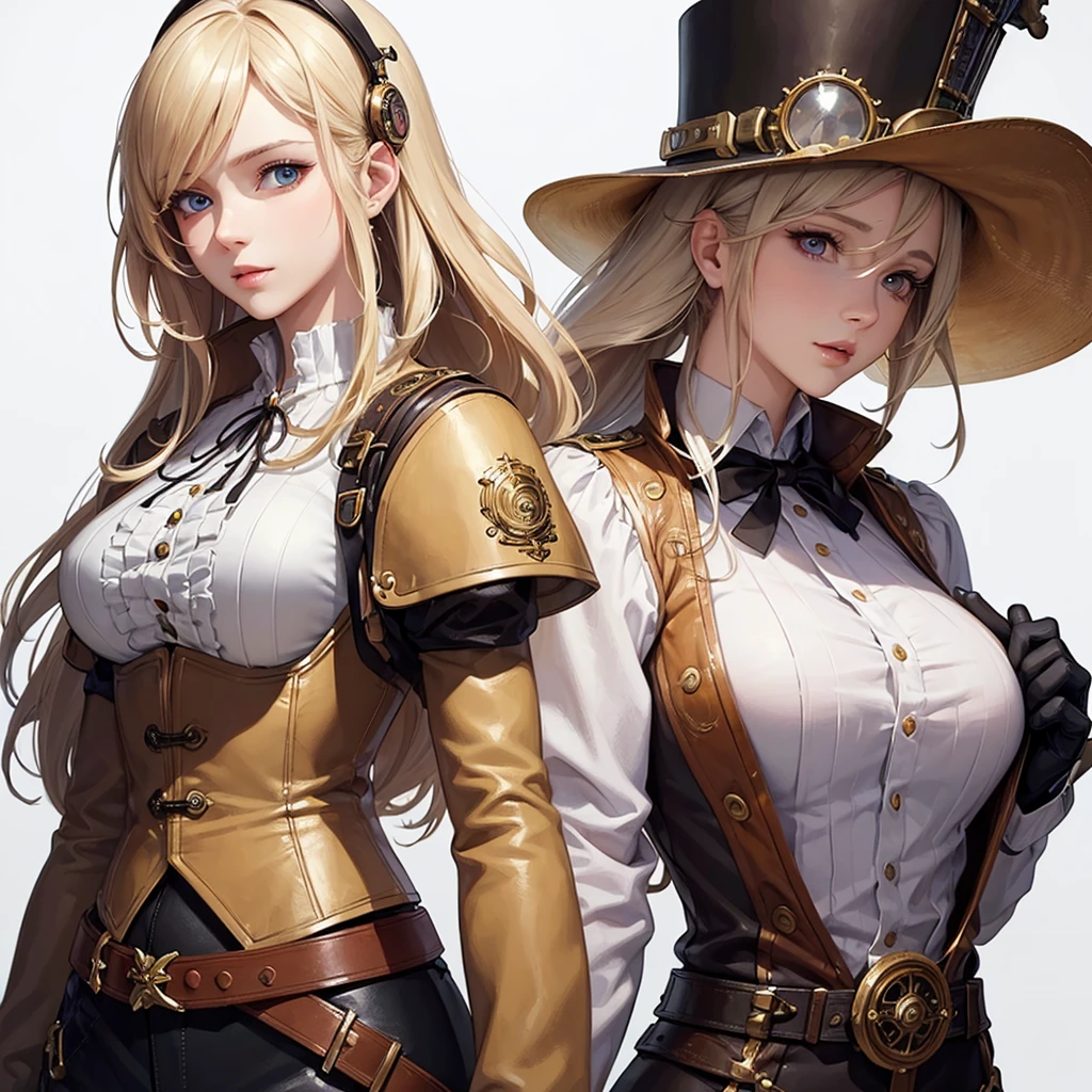 ((masterpiece)), (((Best quality))), illustration, (character design, same character, front view), mature woman, bright skin, eyes of different colors, blonde hair, long hair, steampunk clothing, mismatched clothes, belt, (White background: 1.3) ,--6